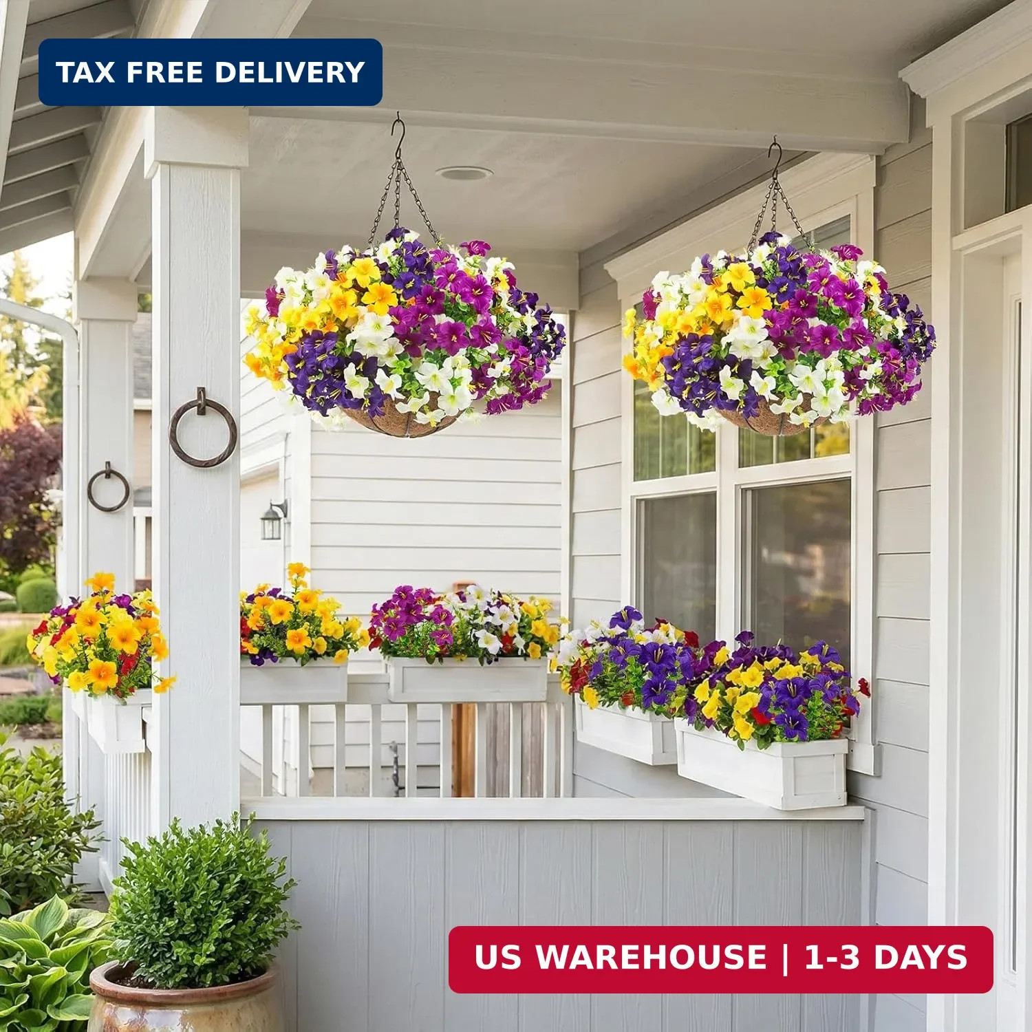 2 Set Artificial Outdoor Flowers with Hanging Baskets,24 Pcs UV Resistant Faux P