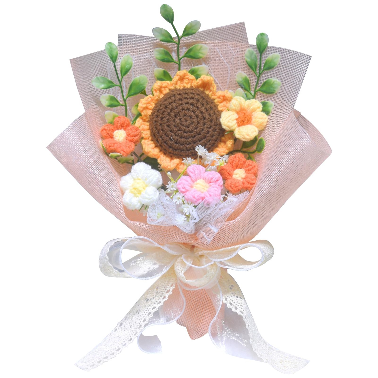 Pink Crochet Flower Bouquet Knitted Sunflower Daisy Graduation Gifts 1 PCS