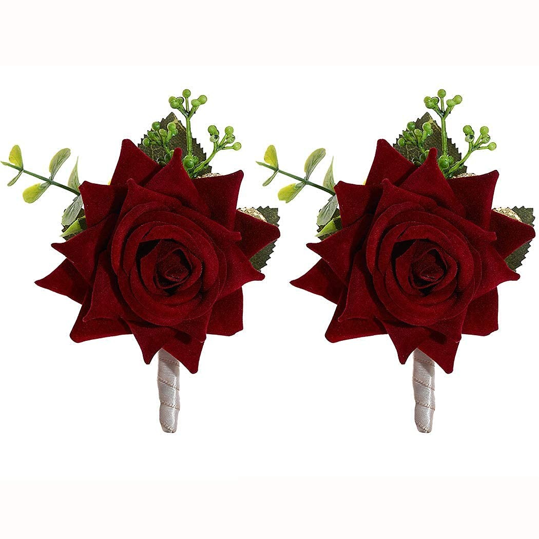 Wedding Flower Boutonniere Groom Rose Buttonholes Prom Suit Decor Red Wine