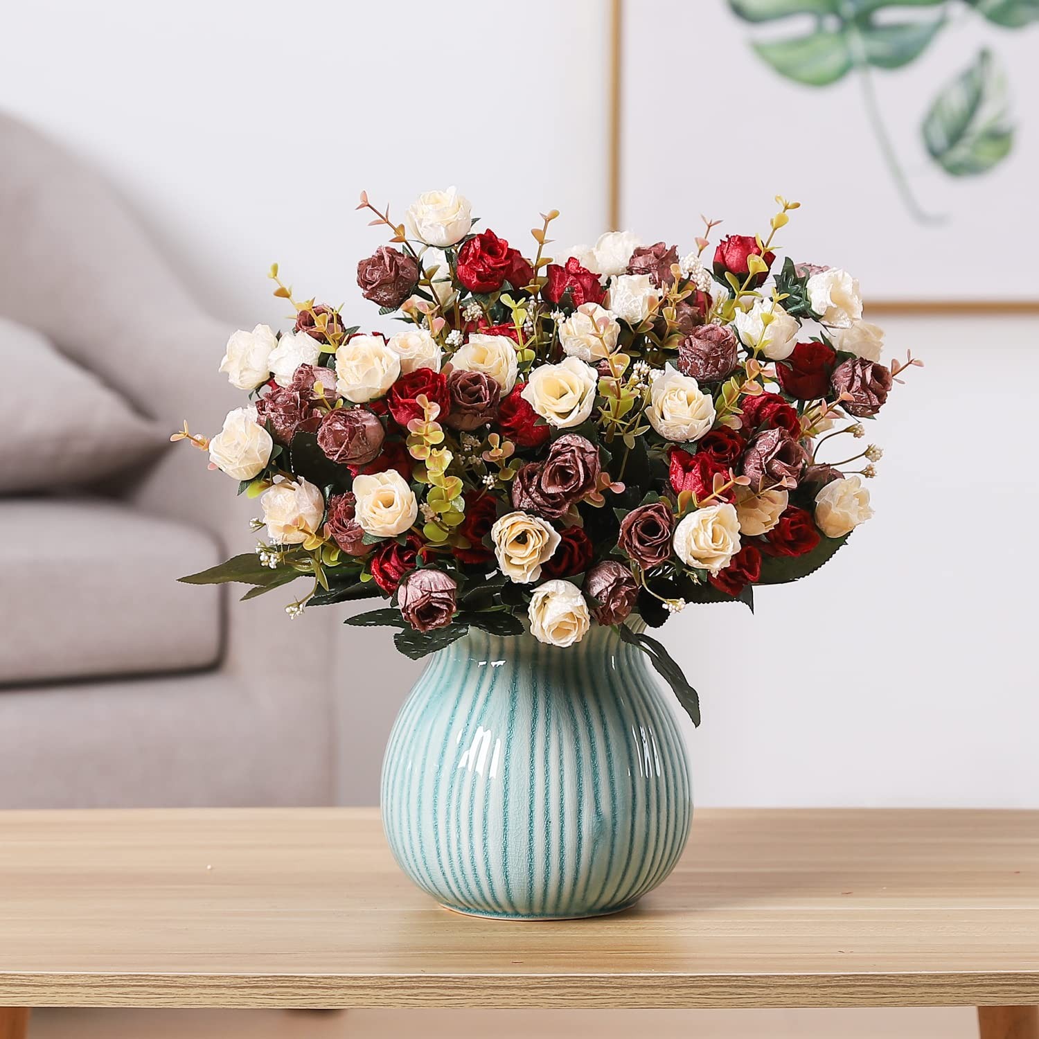 4 PCS 7 Branch 21 Heads Red Artificial Mini Rose Flowers Bouquet Home Decor