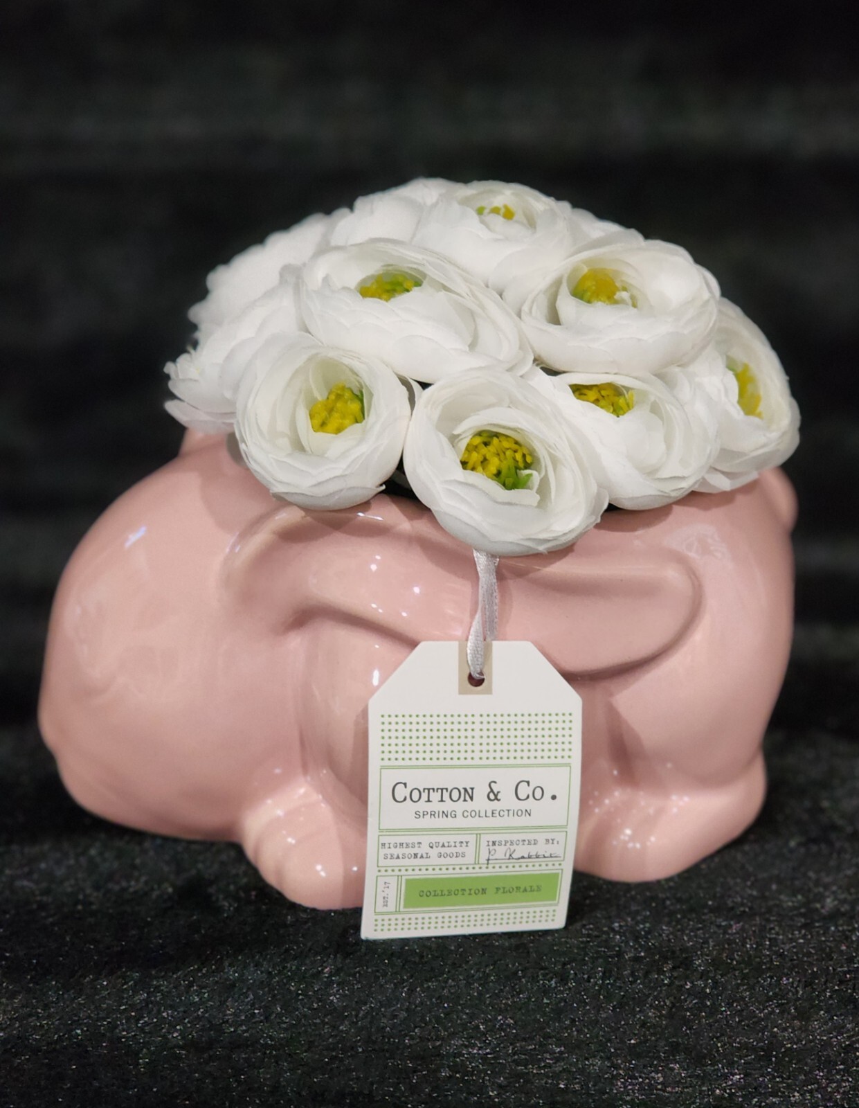 White Silk Floral Arrangement in Pink Ceramic Bunny Planter 7″ Decor Easter Baby