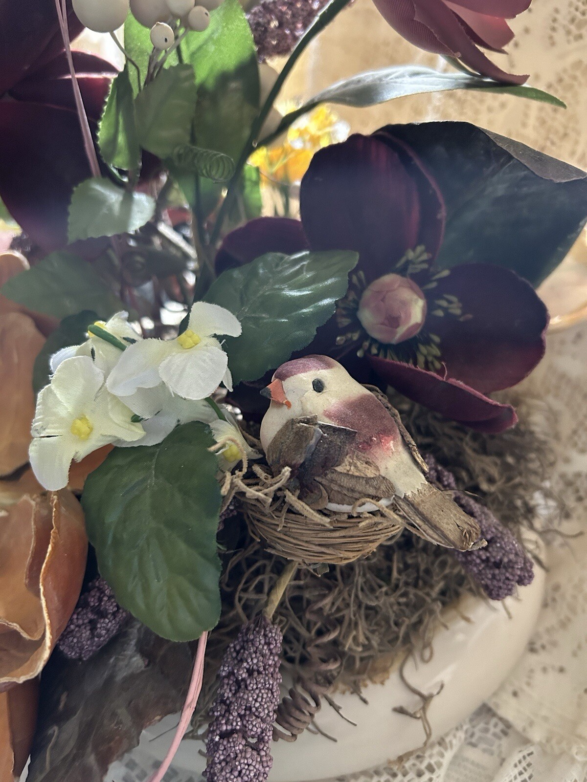 Exotic Artificial Floral Arrangement In A Porcelain Dish Made In Portugal