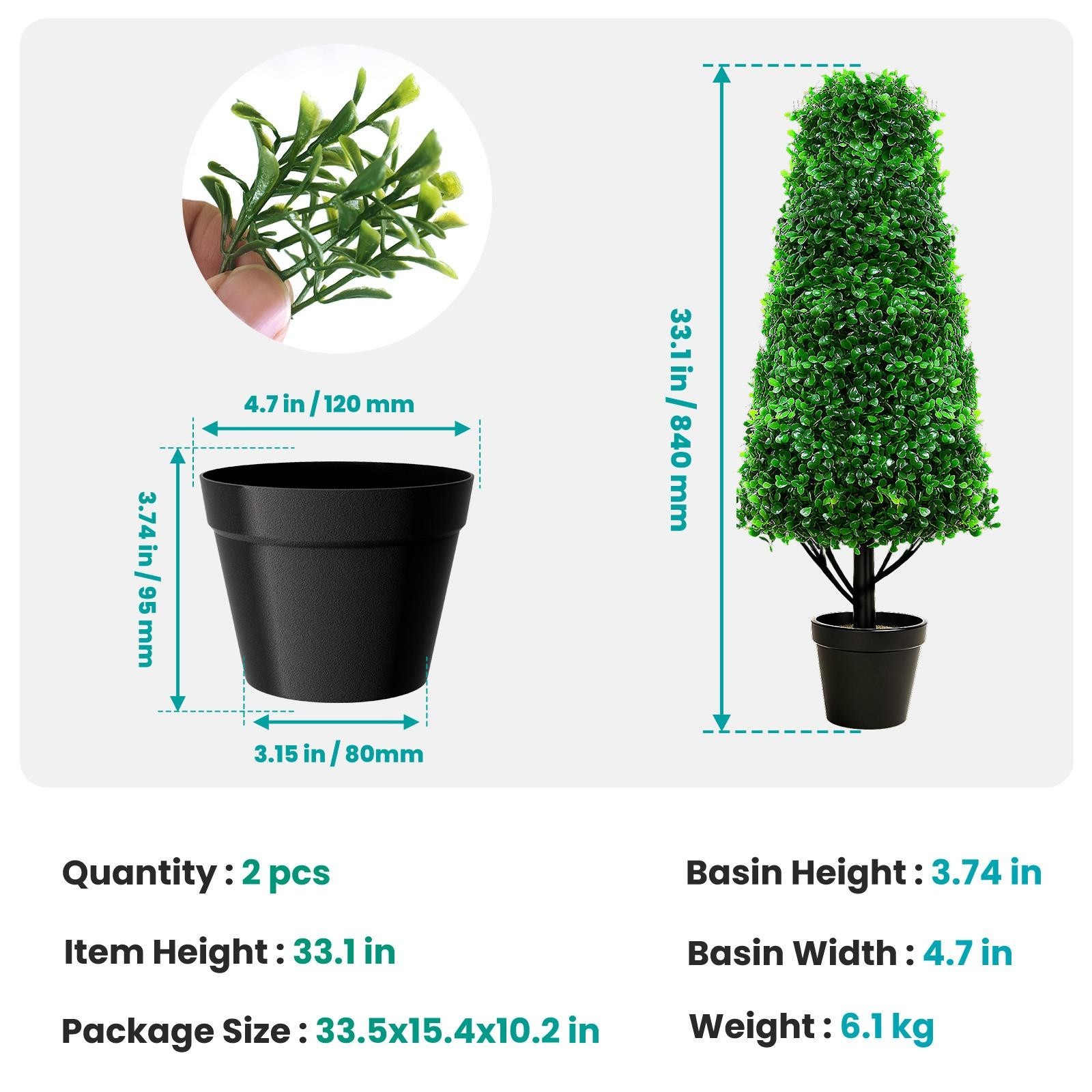 3′ Artificial Boxwood Cone Topiary Tree 2Pcs 3′ Tower Tree for Indoor & Outdoor