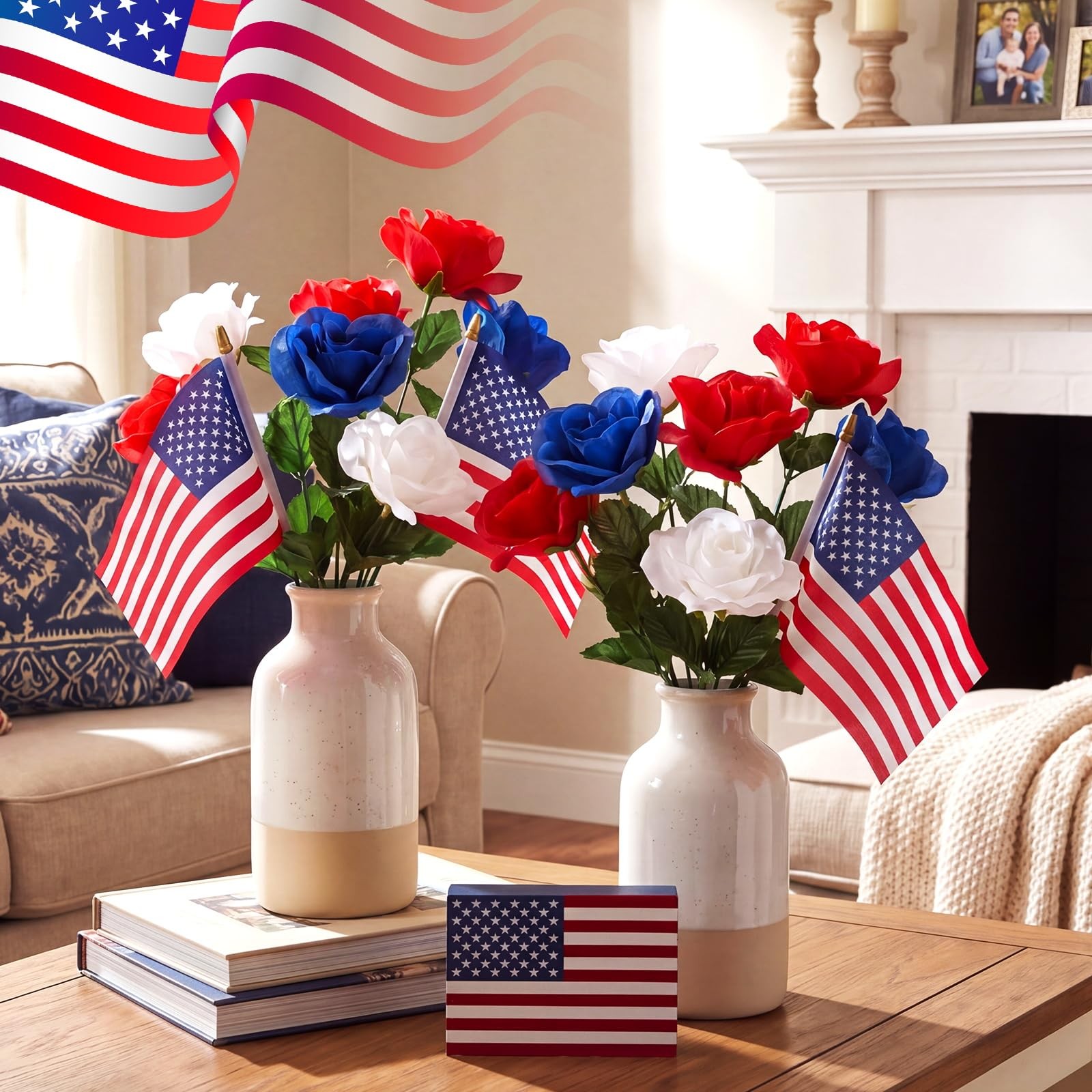24 Bundles 4th of July Patriotic Artificial Flowers Bulk Red Blue and White F…