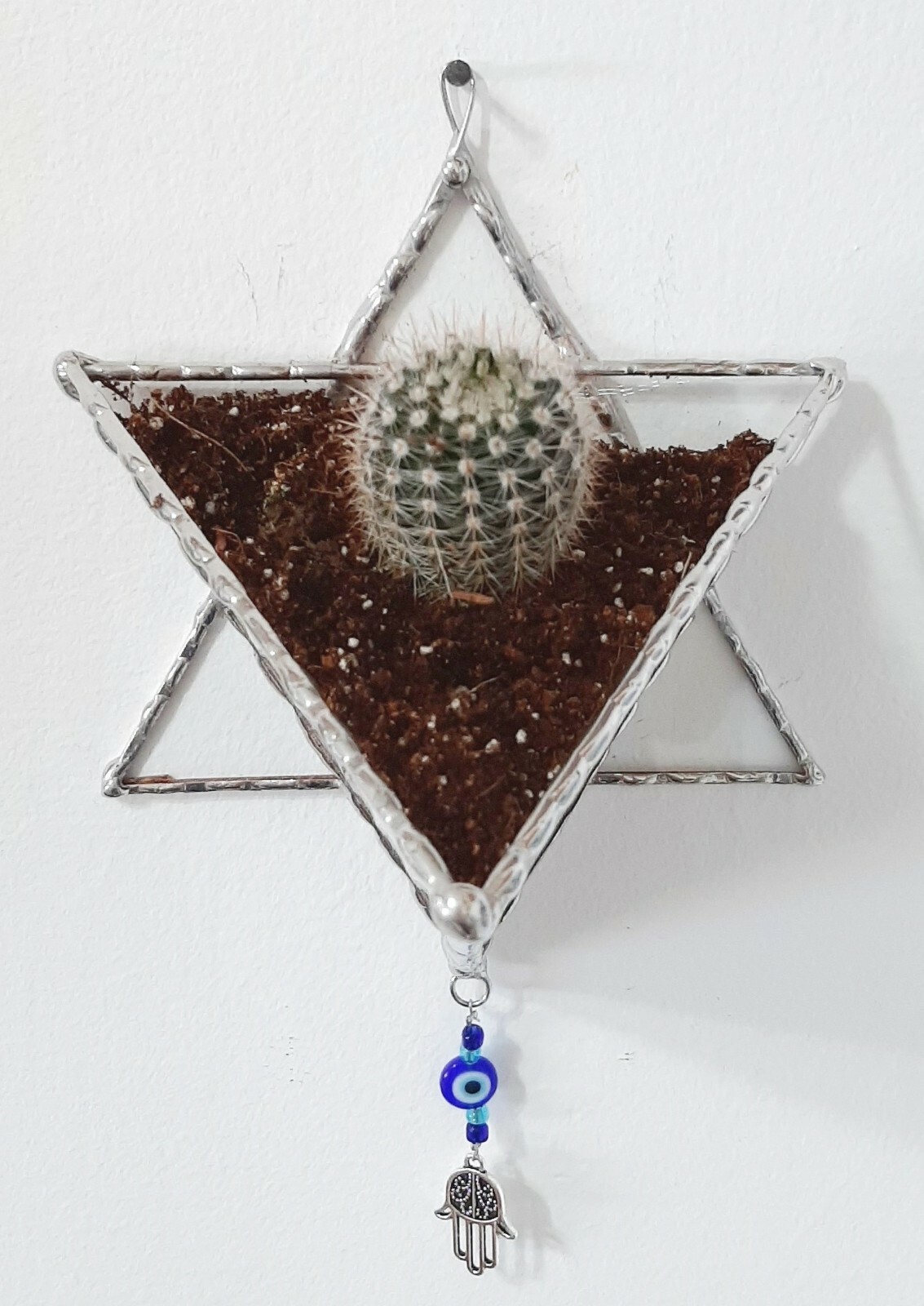Transparent Terrarium in shaped of Star of David Stained Glass, Jewish Wall Gift