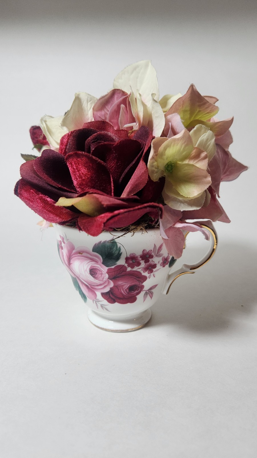 Queen Anne Bone China Artificial Flower Arrangement Teacup Rose Hydrangea