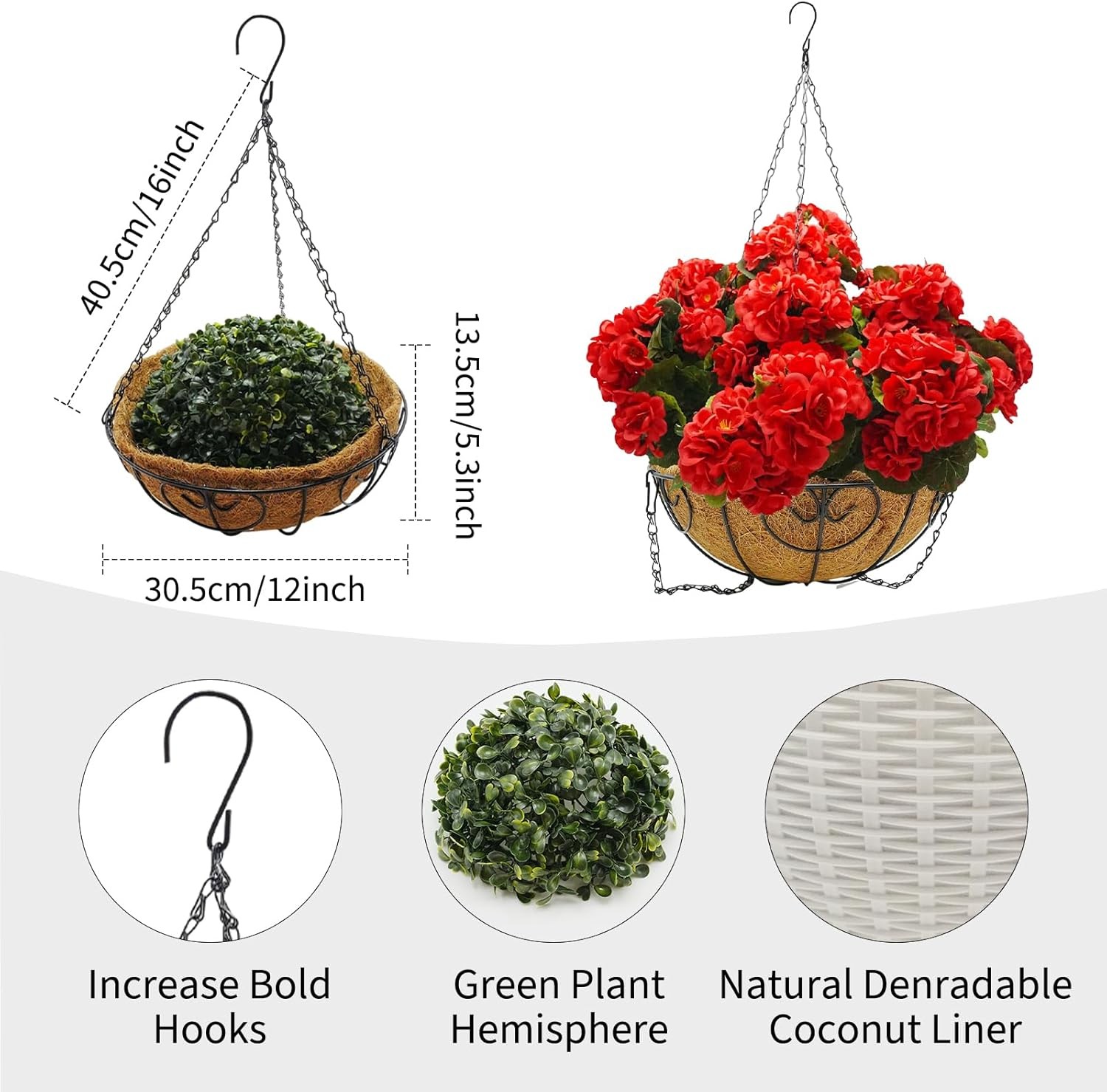 2 x Red Artificial Geranium Hanging Basket,Outdoor Christmas Porch Garden Decor