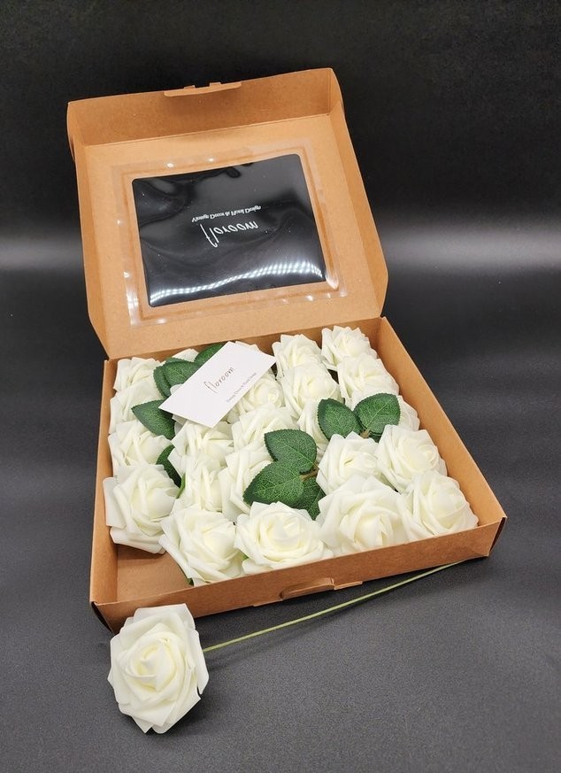 Floroom Artificial Foam Flowers 25 pcs. Ivory Roses w/Stems & Leaves – New