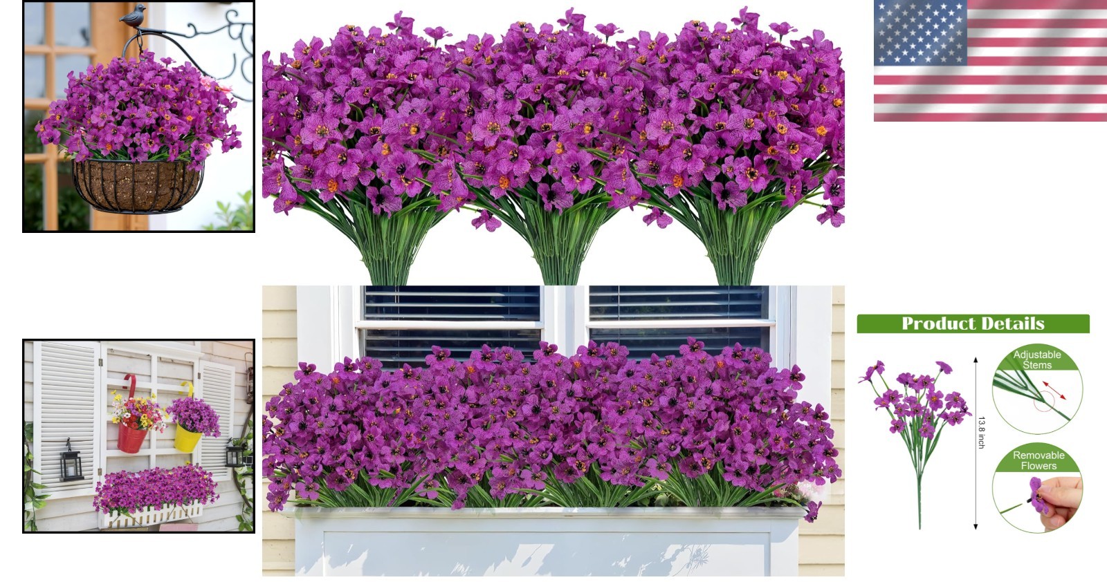 24 Bundles Artificial Flowers for Outdoors Decoration, UV Resistant Purple Si…