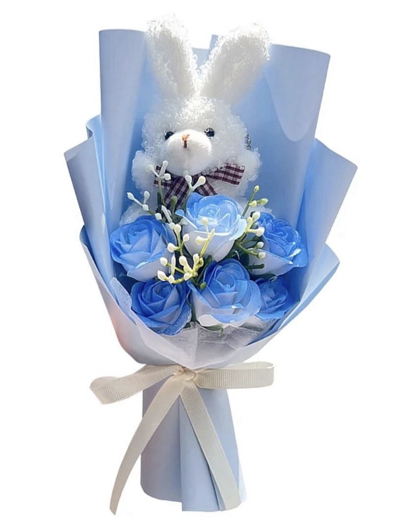 Bunny Bouquet,Stuffed Animal with Artificial Rose Flower Bouquet- Blue NEW