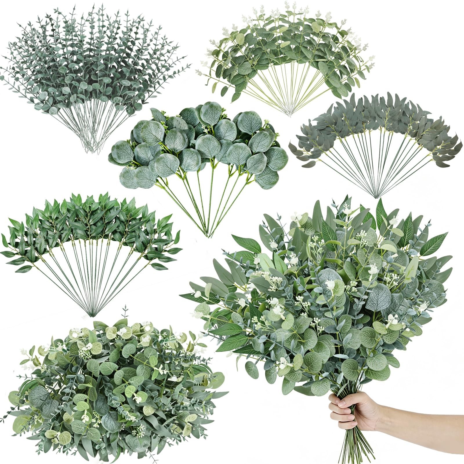 120 Pcs Mixed Artificial Eucalyptus Stems – Faux Greenery for DIY Bouquets & Wed
