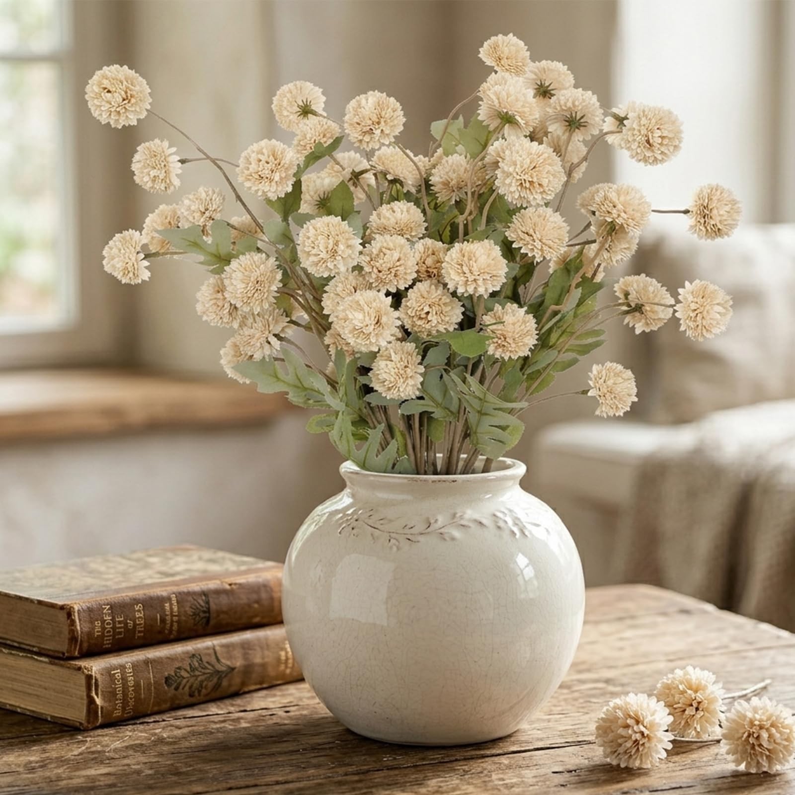 12pcs Artificial Pompom Mums Flowers Fall Beige Faux Chrysanthemums