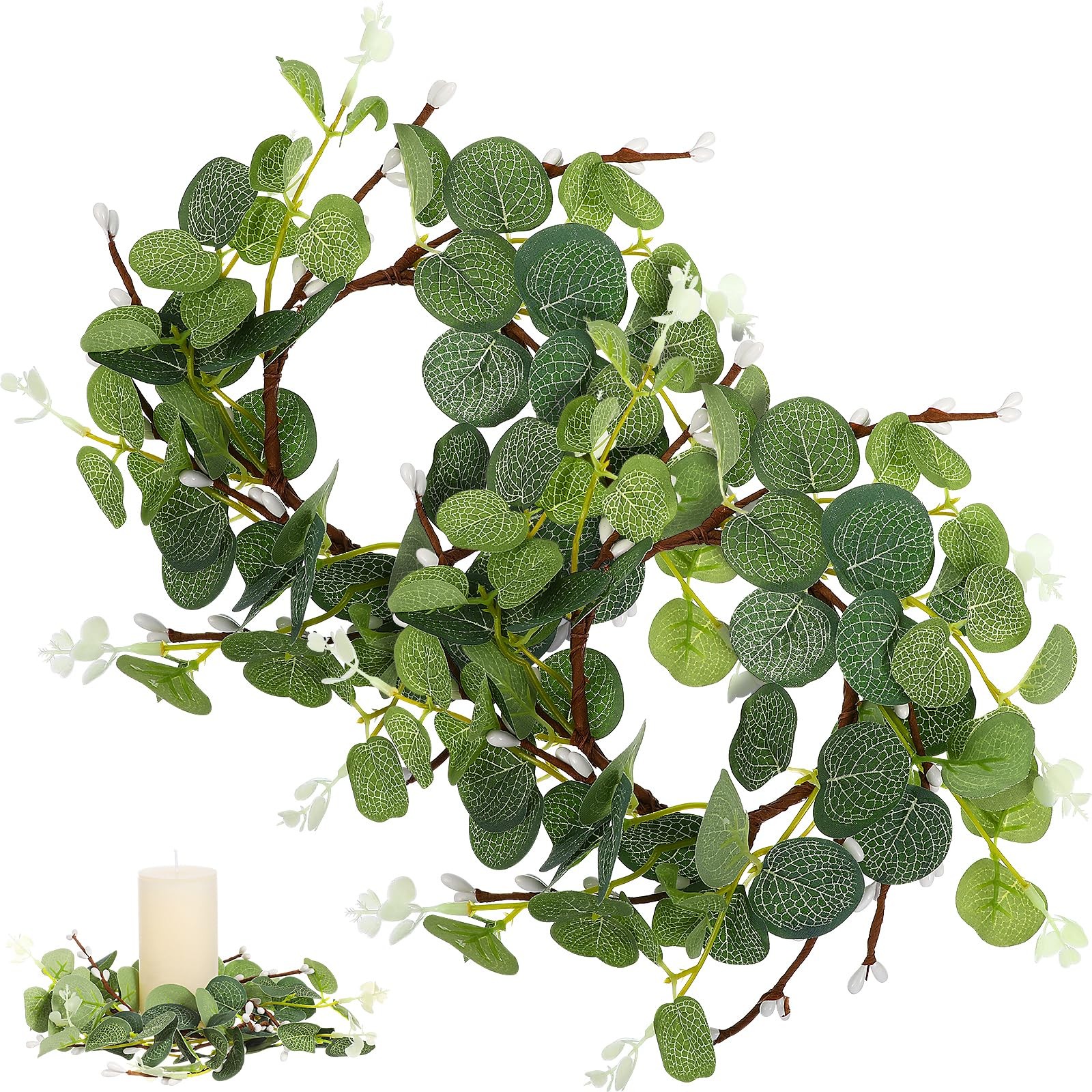 2 Pack Candle Rings Wreaths, Artificial Eucalyptus Leaves Candle Rings, Green Le