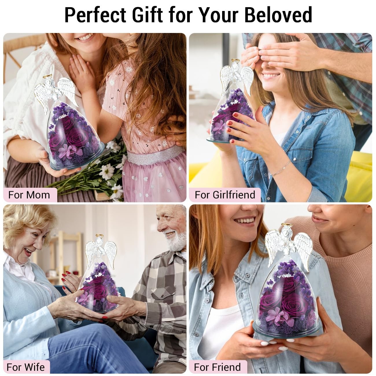 Preserved Rose Glass Angel Figurines Gifts for Mom Grandma, Purple