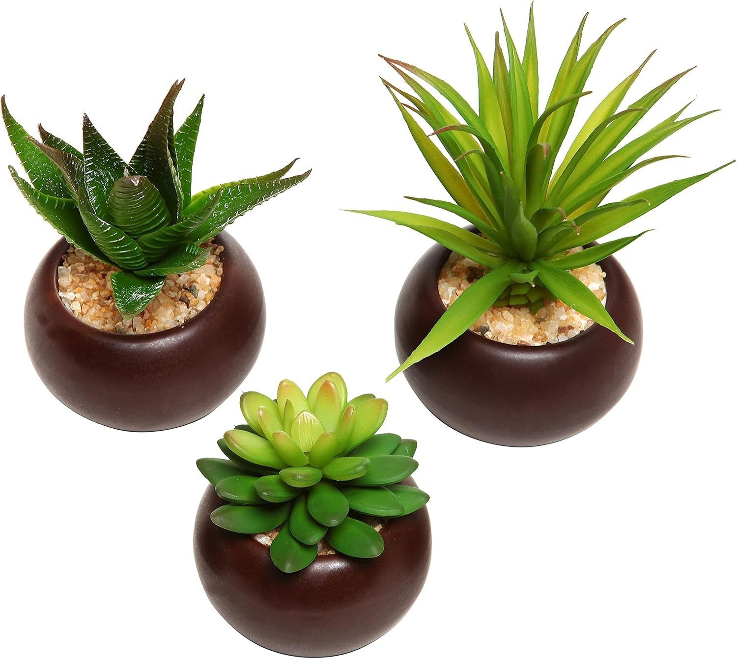 MyGift Set of 3 Potted Artificial Mini Succulent Plants in Brown Round Pots