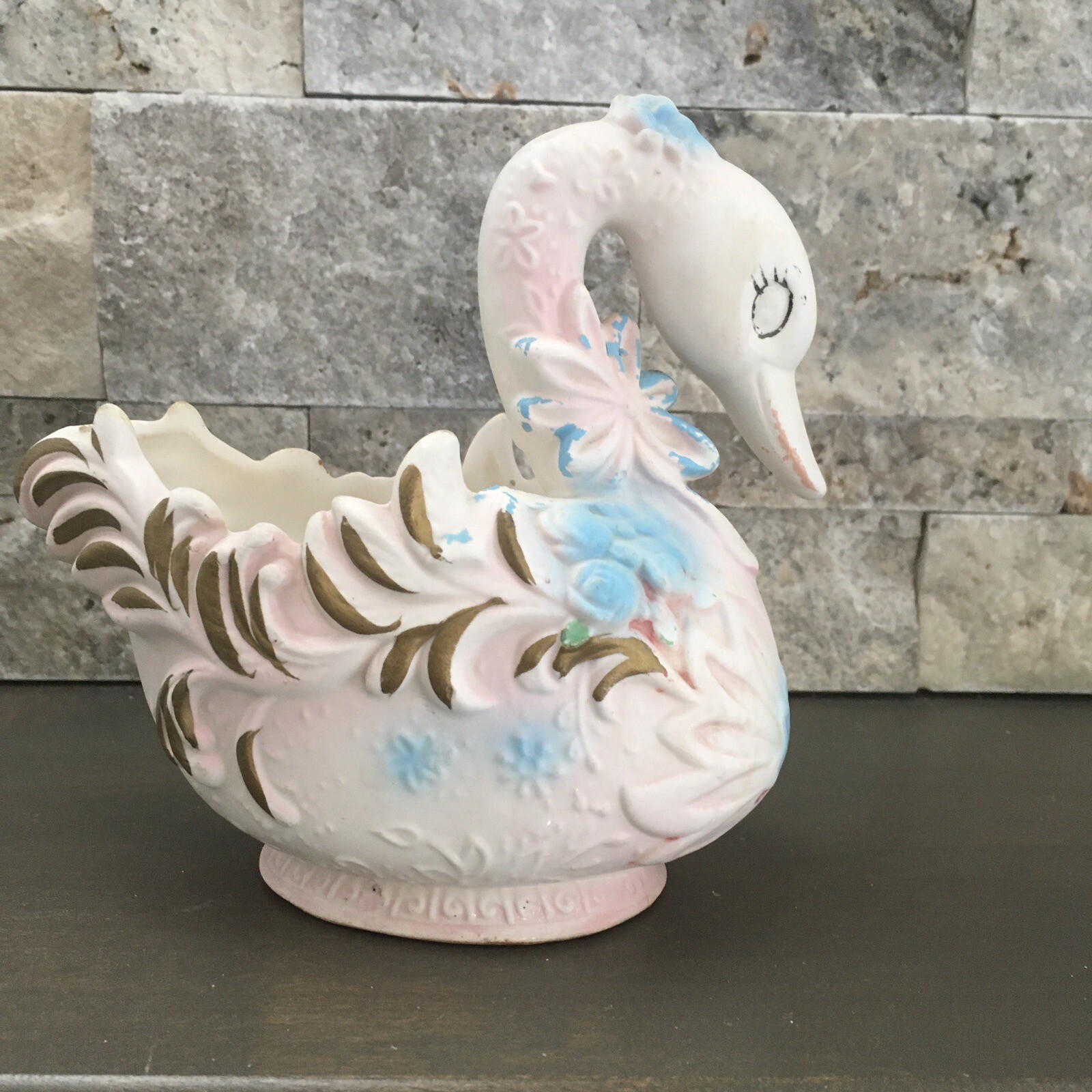 Vintage Mid Century Swan Planter Pink And Blue Gold Gilt Anthropomorphic Planter