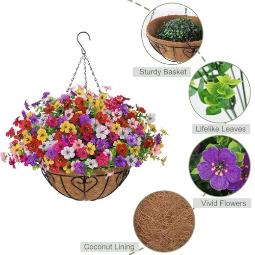 2 Set Artificial Flowers with Hanging Basket, 2 Outdoor 2pcs Azalea 6 Colors