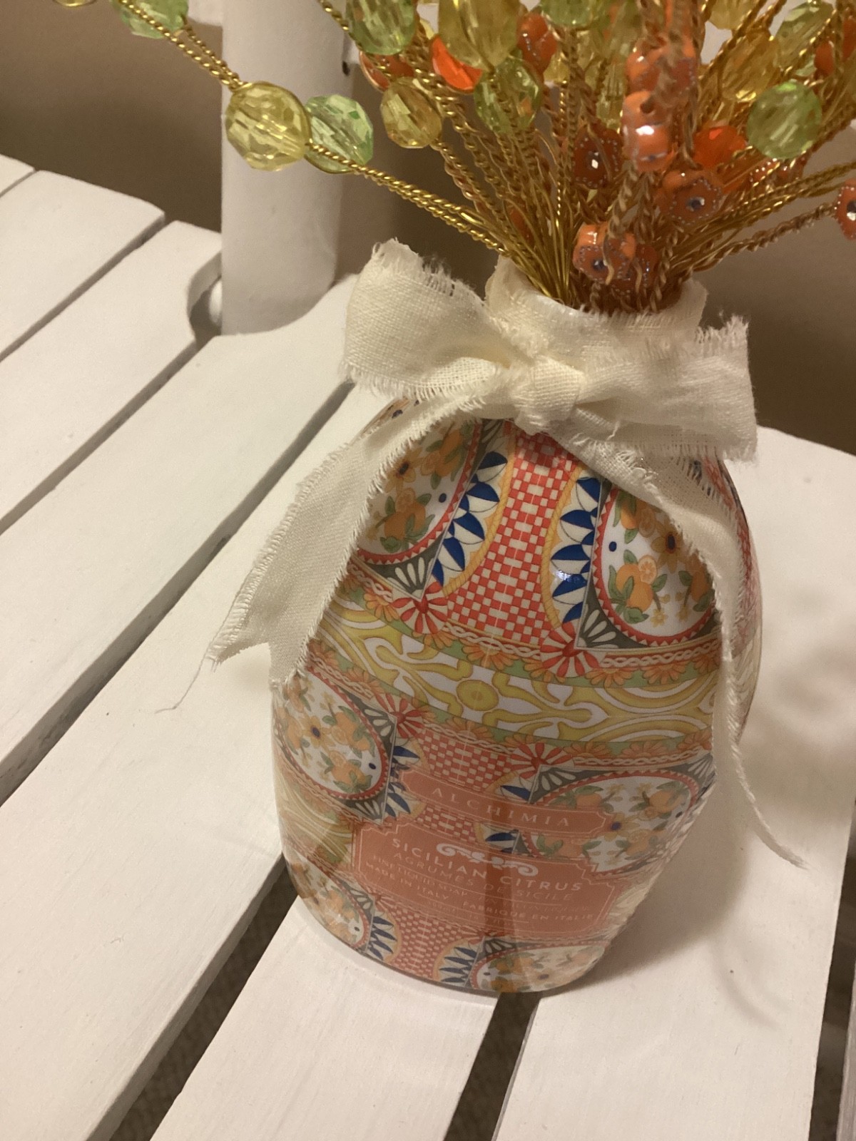 HANDMADE WIRE BEADED BOUQUET HOME DECOR YELLOW ORANGE GREEN WITH BOW