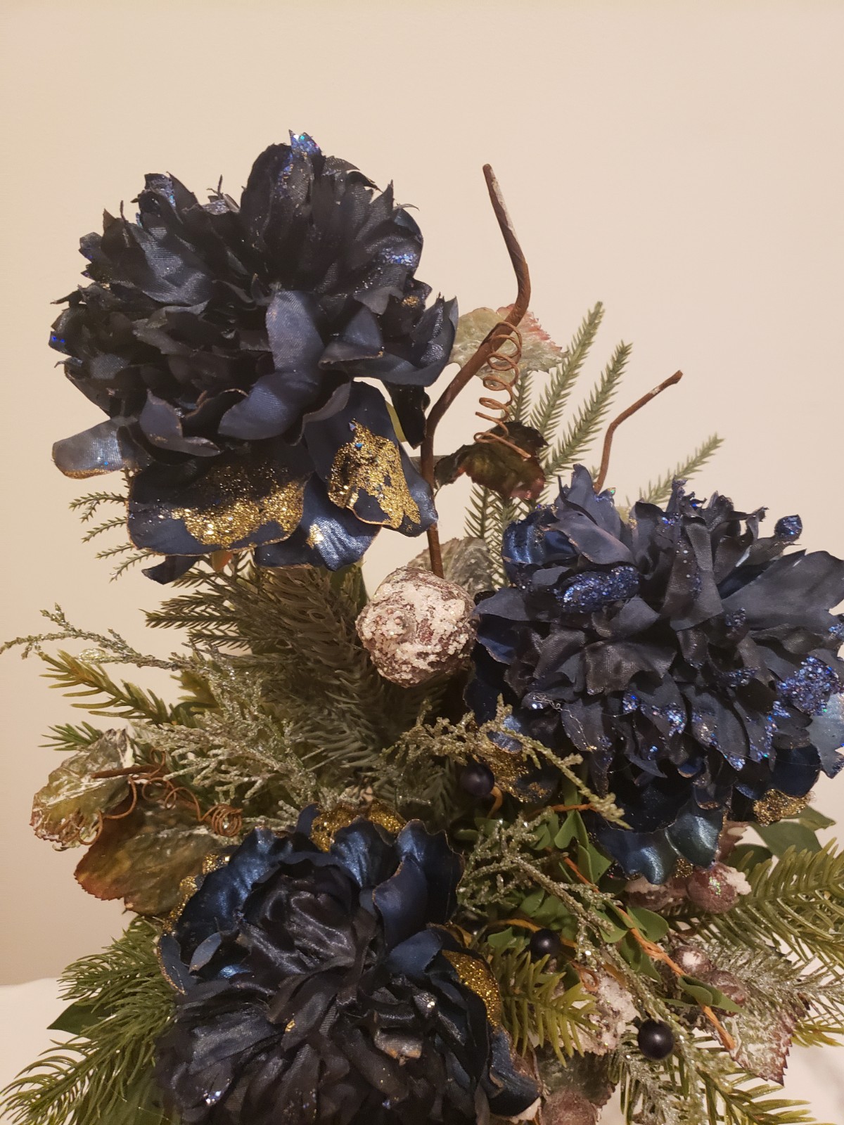 Navy Blue Winter Floral Arrangement, Elegant Christmas Flower Arrangement