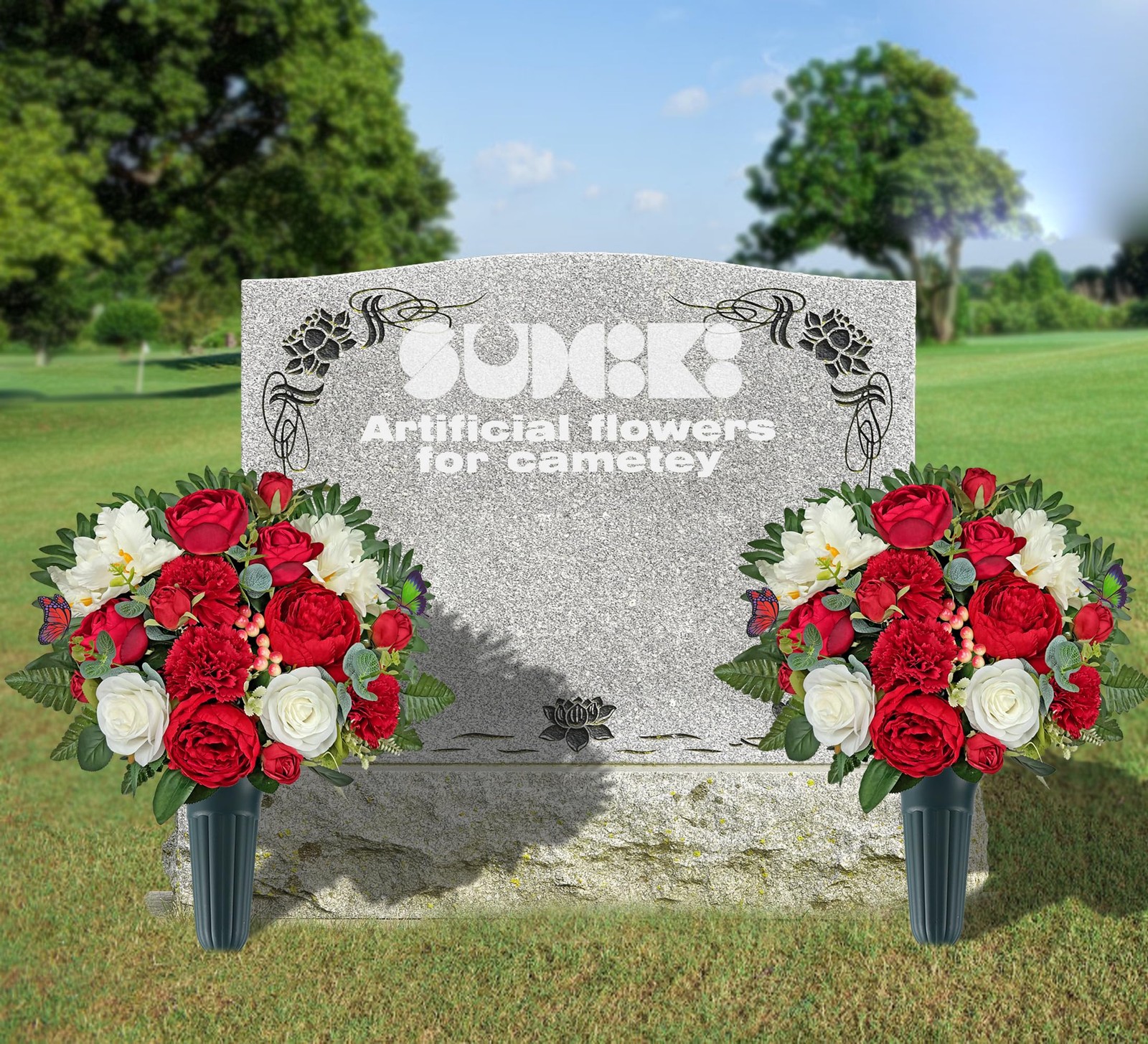 Cemetery Flowers with Vases for Grave Decor, Silk Lily Rose Carnation，Headsto…