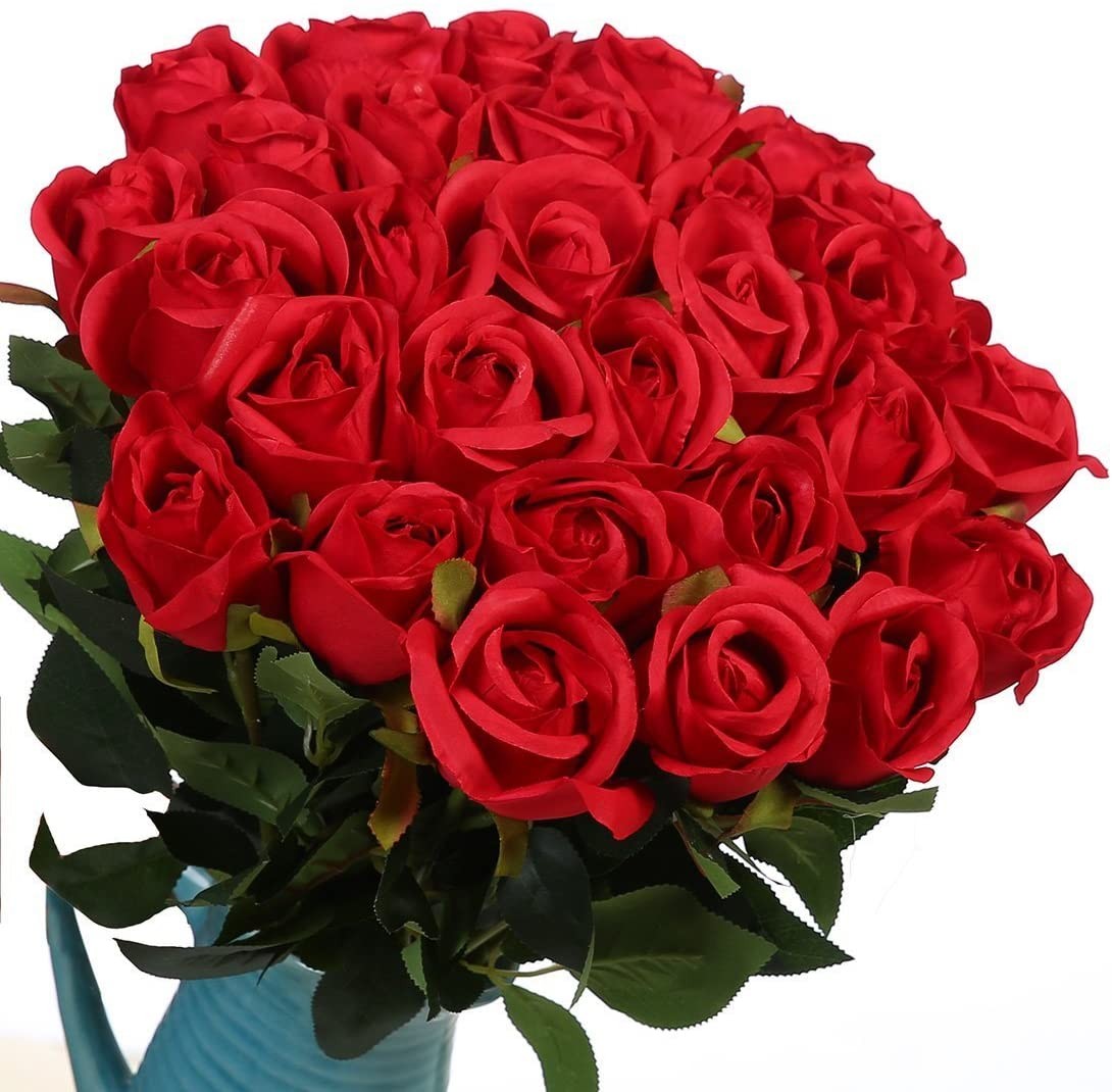 Artificial Flowers Silk Roses & Fake Baby Breath Realistic Flowers Bouquet Decor