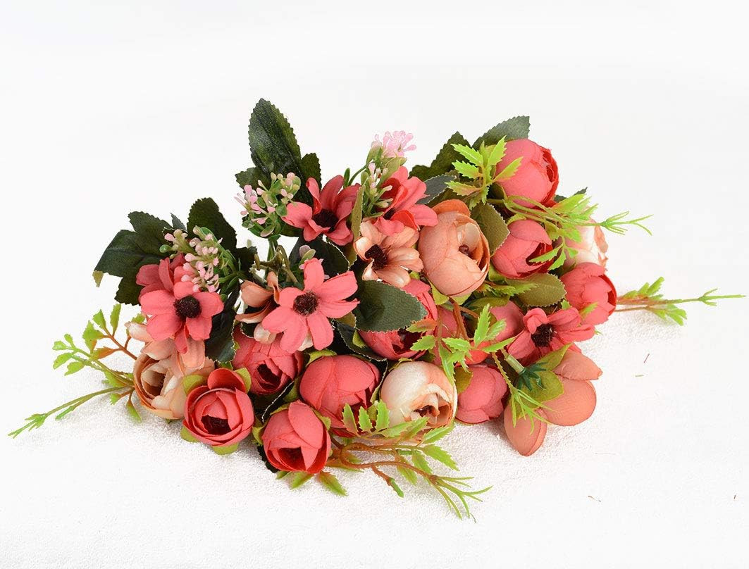 TKAS Artificial Flowers Fake Flowers Silk Rose Bouquet w/ Ceramic Vase Red Bud