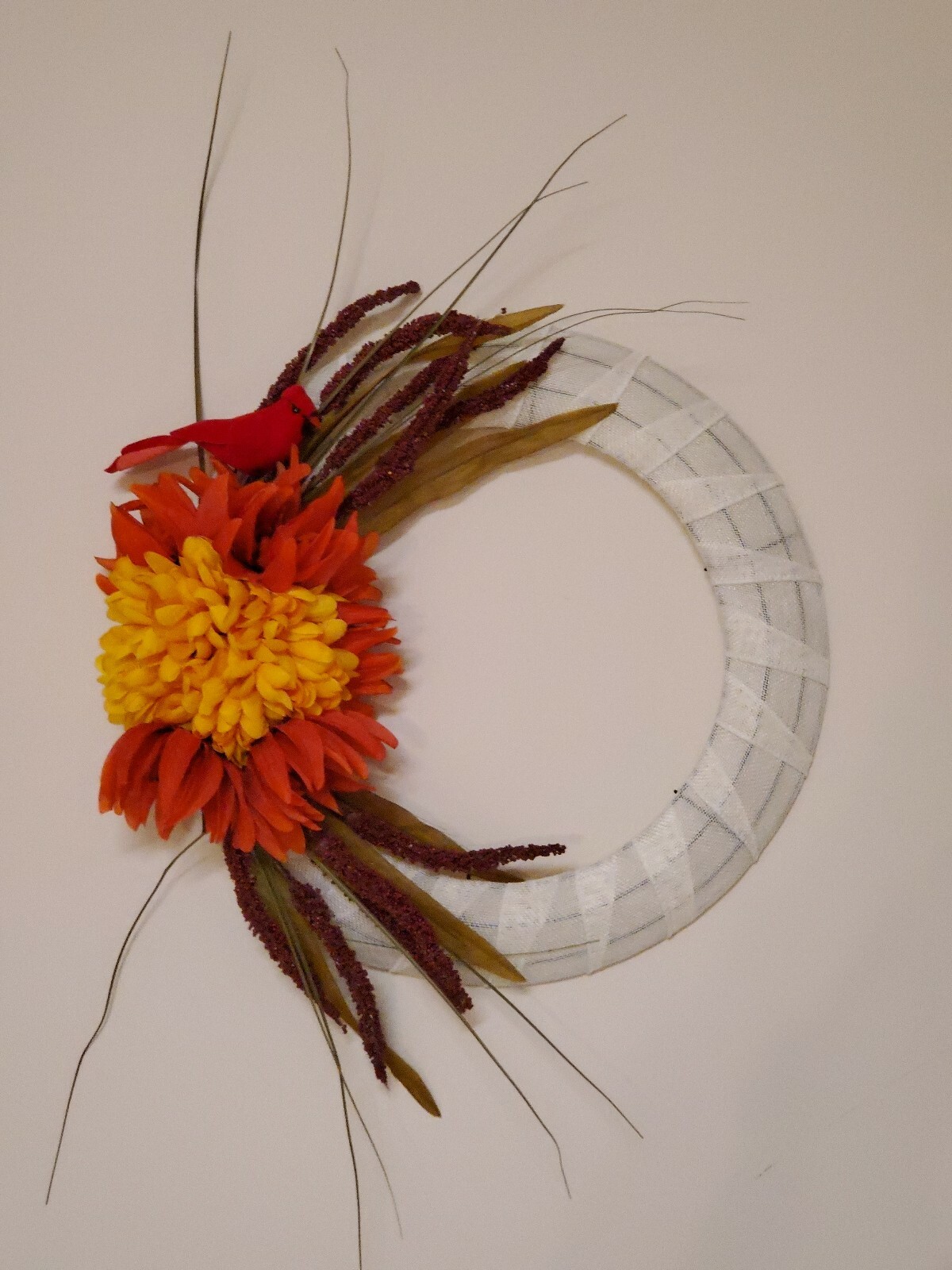 Heather MUM white orange red CARDINAL burlap WREATH FALL autumn Decor Front Door