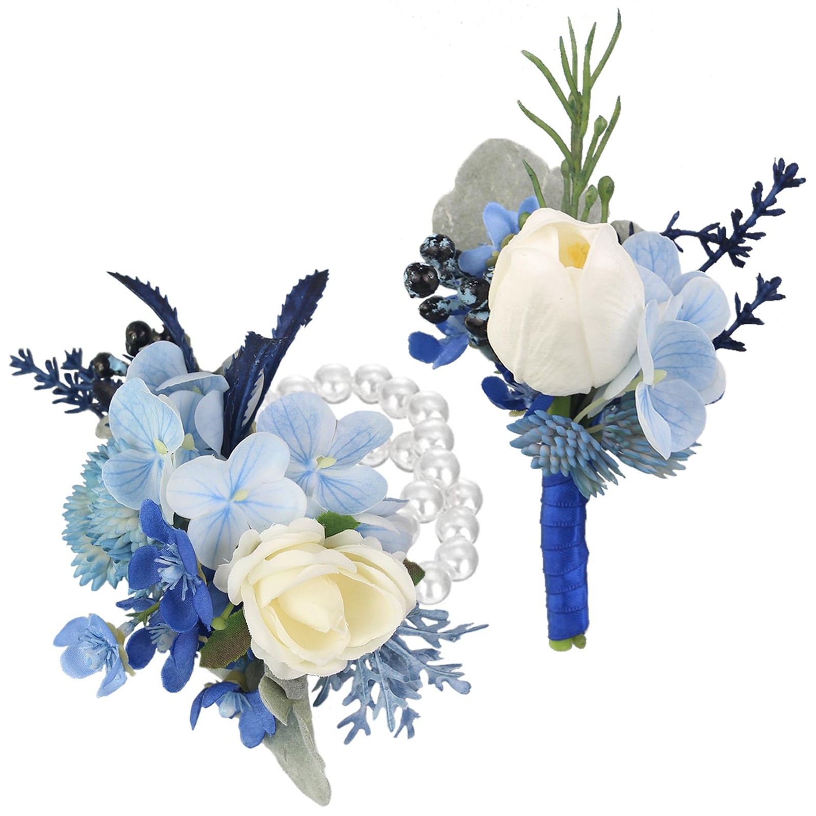 Corsage And Boutonniere Set Navy Blue Wristlet Men Wedding Homecoming Prom
