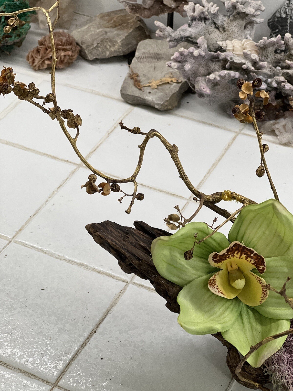 ONE OF A KIND FLORAL ARRANGEMENT REAL WOOD BASE ORCHIDS BITTERSWEET MOSSES