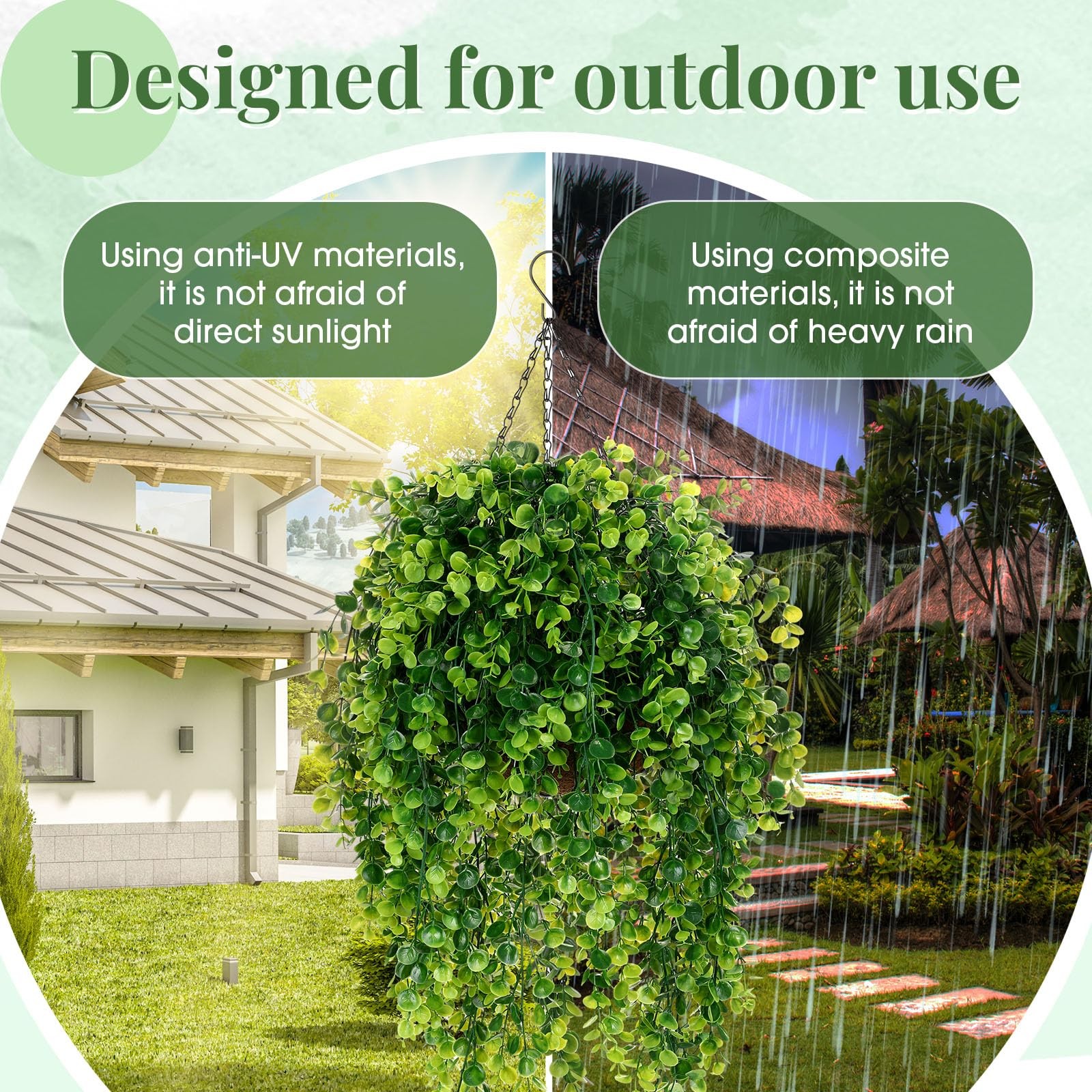 2 Set Hanging Fake Plants Basket for Outdoors 10″ with Faux Eucalyptus Leaves