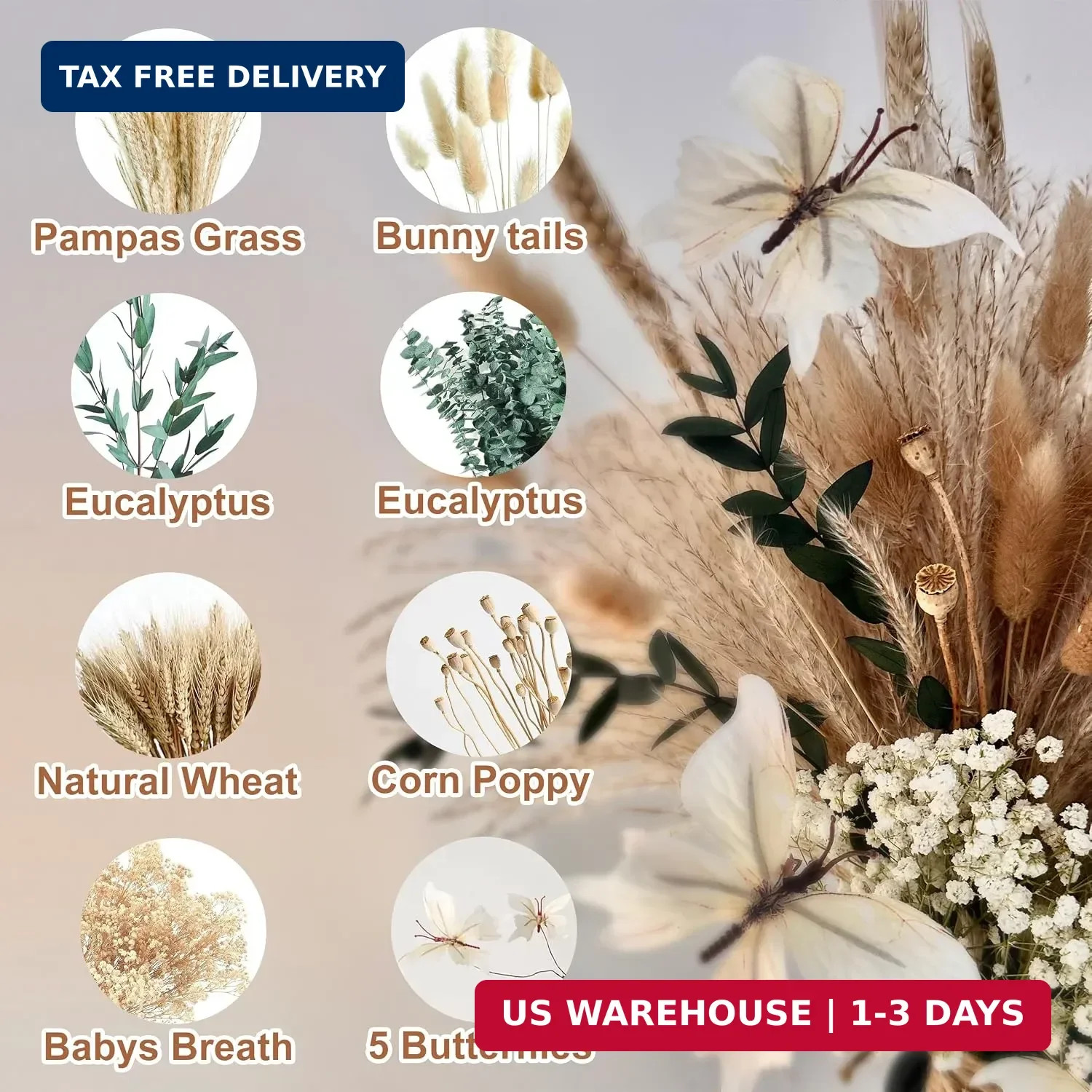 Pampas Grass Dried Flower Bouquet for Boho Home Decor | Eucalyptus, Butterflies