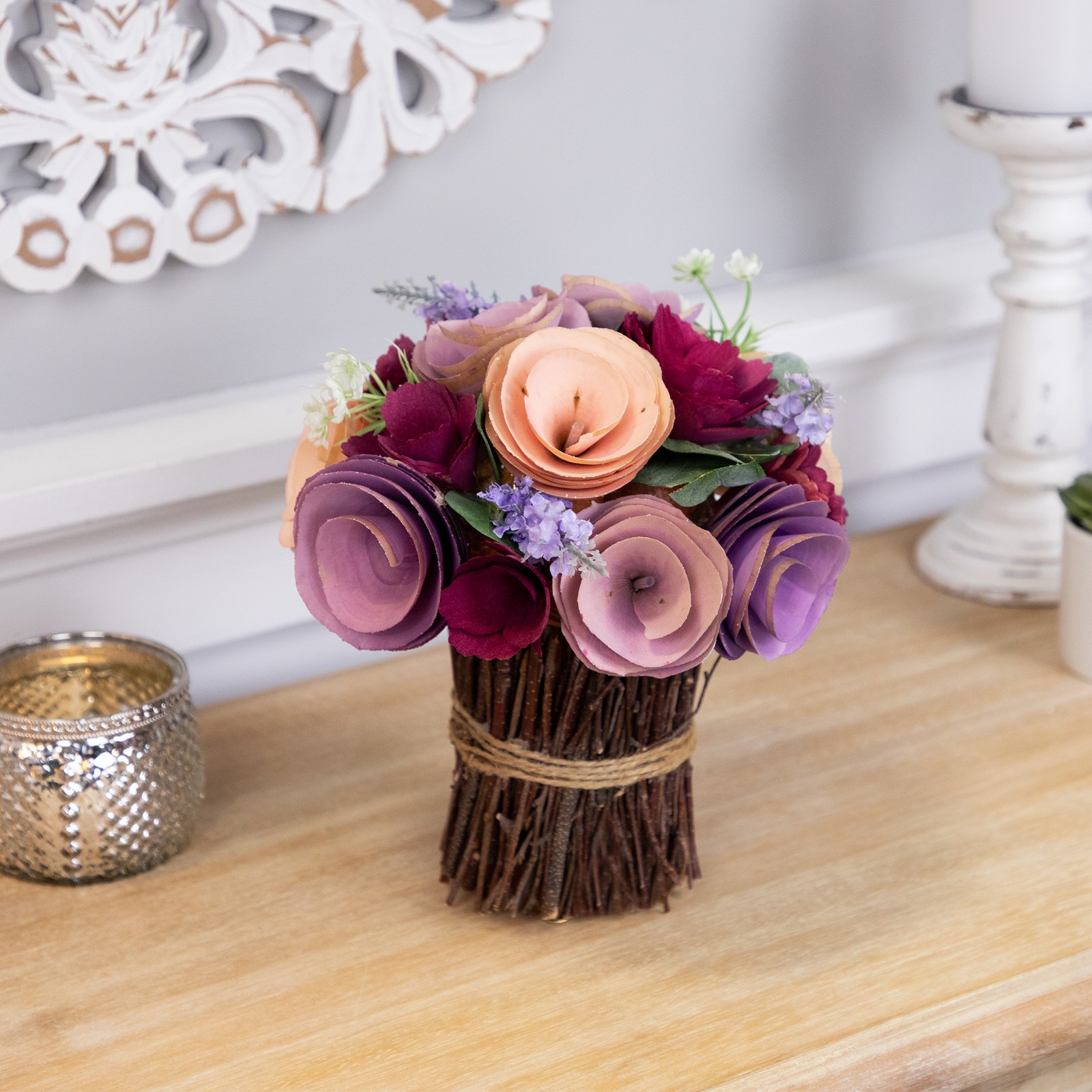 Northlight Wooden Floral Artificial Spring Bouquet – 9.5″ – Wine Red and Purple