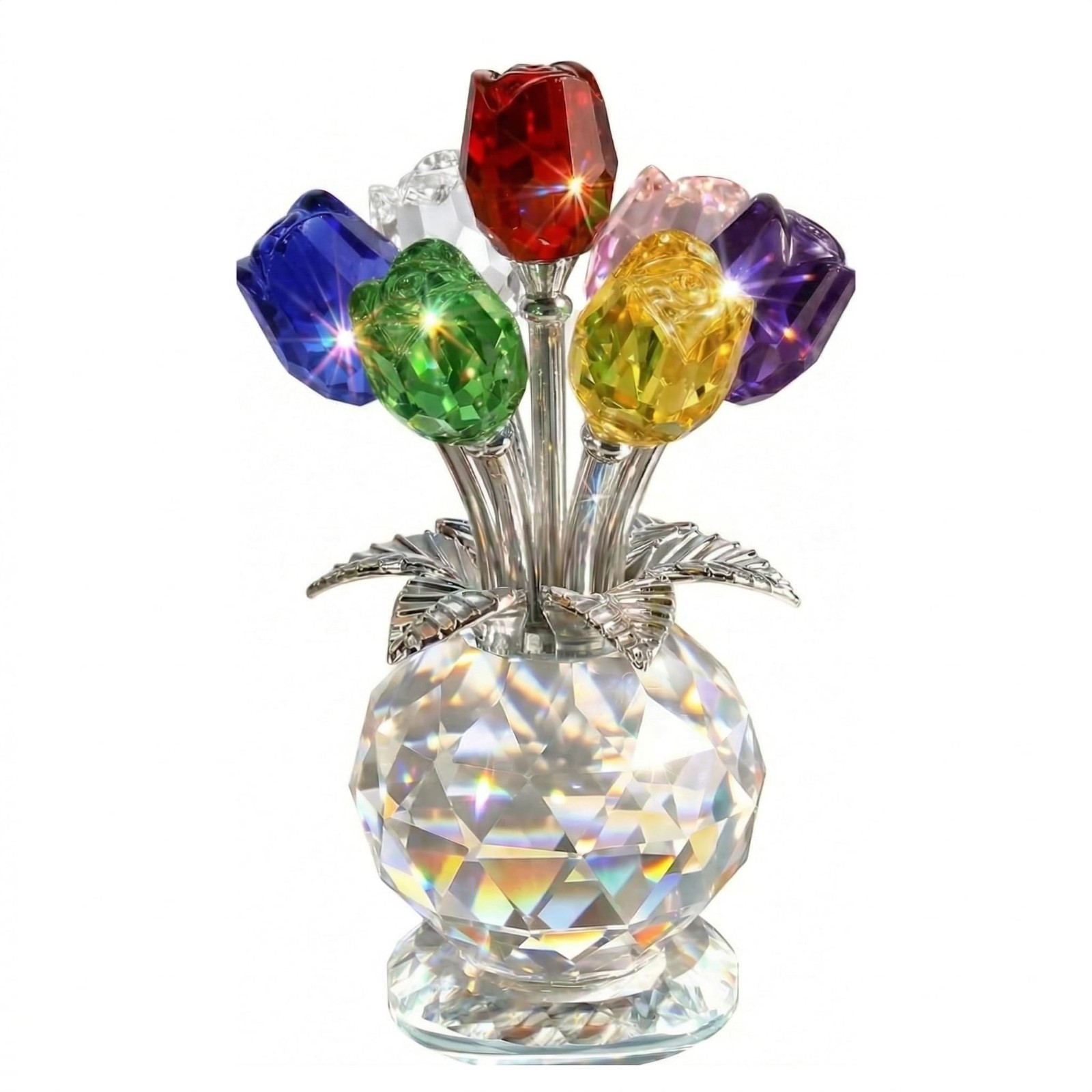 4.7 Inch Crystal Rose Bouquet – 7 Colorful K9 Glass Roses for Home Decor