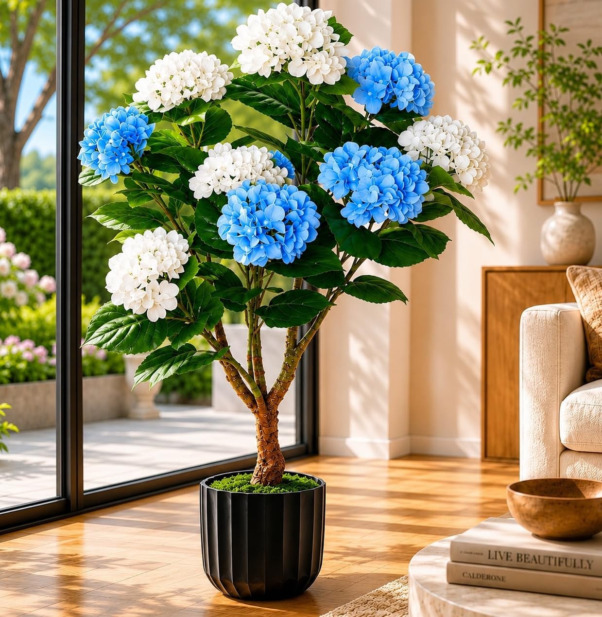 Potted Artificial Hydrangea Tree Outdoor Indoor,3.7FT Tall Hydrangea Faux Flo…