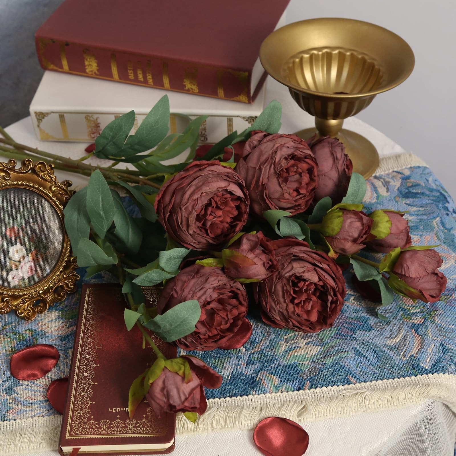 Dark Red Roses Artificial Flowers 5PCS Vintage Fake Roses with Long Stems 26″…