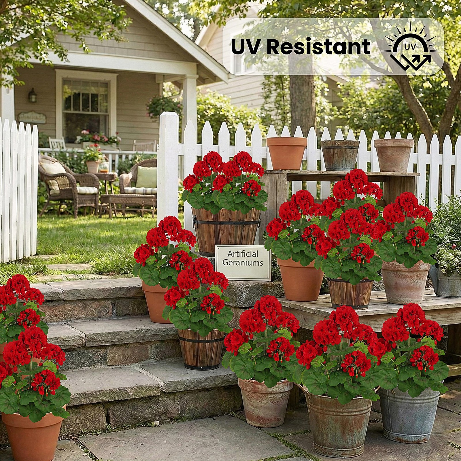 FOREST PRINCE 2 PCS 18″ Artificial Geraniums for Outdoors, UV Resistant Red S…
