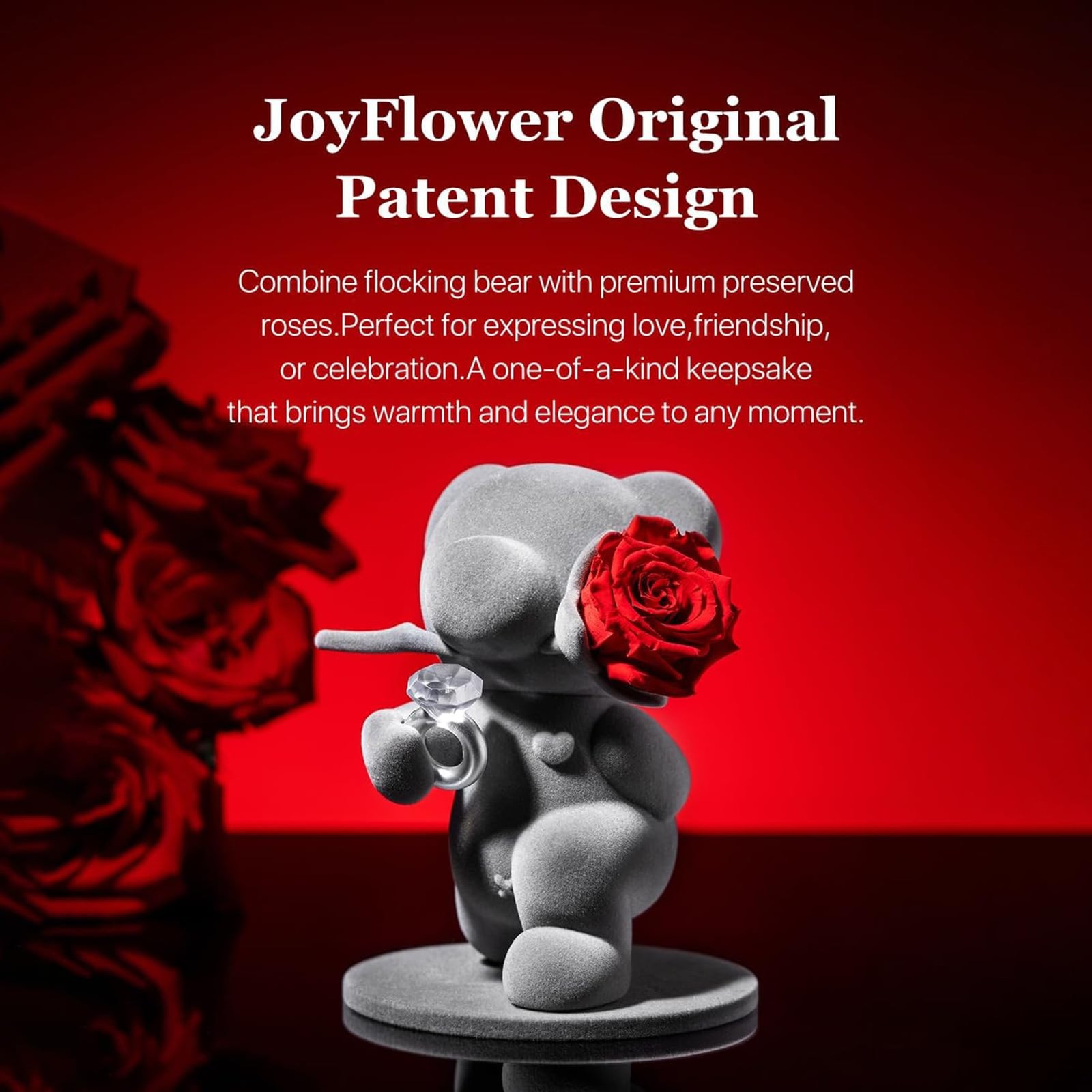 JoyFlower Cute Teddy Bear with Preserved Flowers, Eternal Real Red Rose with