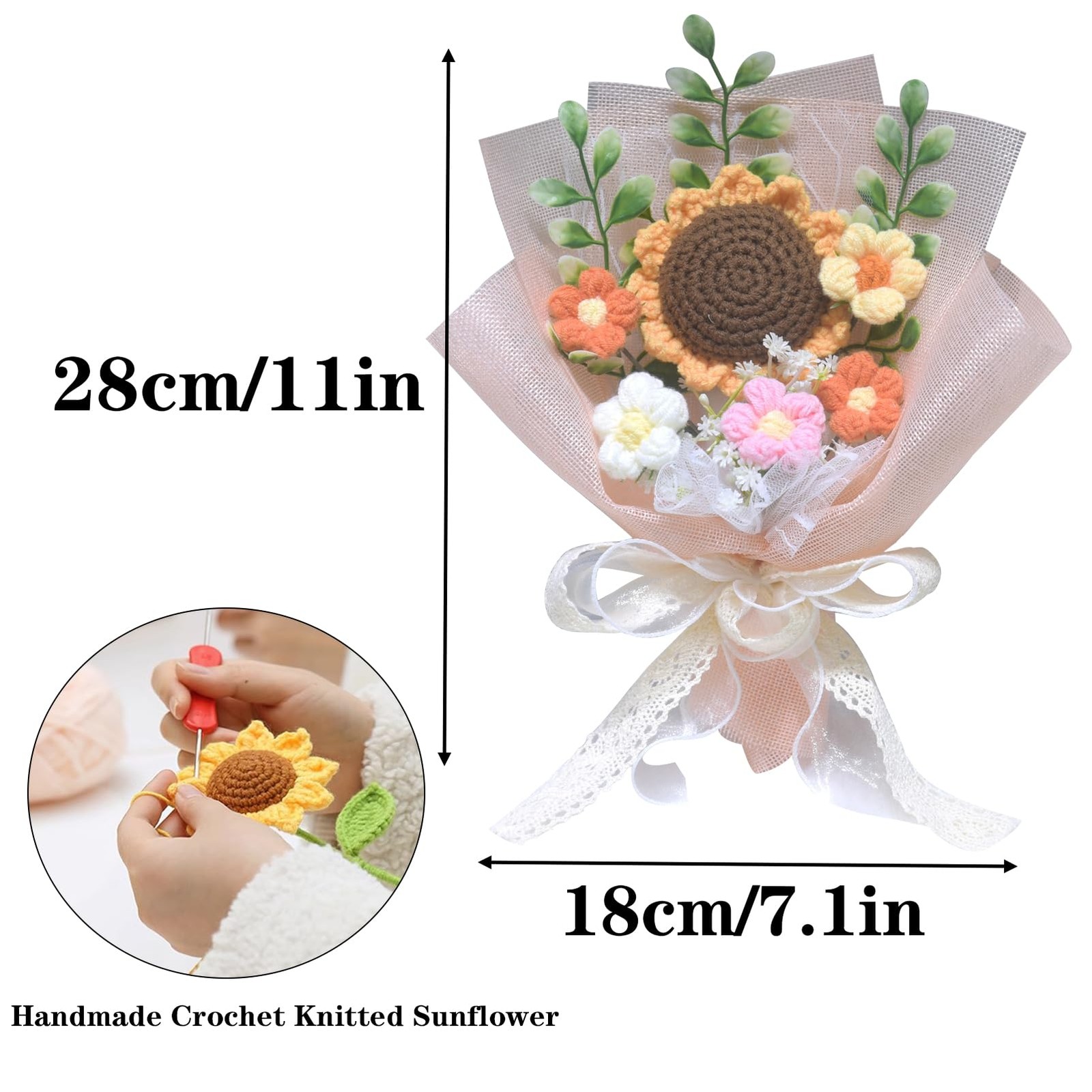 Pink Crochet Flower Bouquet Knitted Sunflower Daisy Graduation Gifts 1 PCS