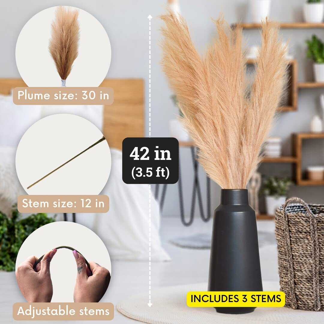 Faux Pampas Grass Decor Tall Set of 3 Stems 42 Inches Boho Large Artificial