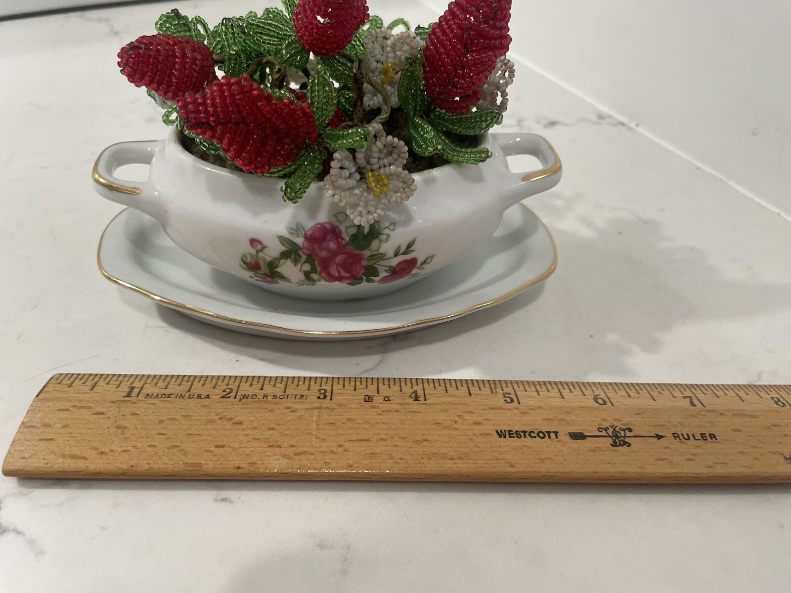 Vintage Seed Bead Arrangement In Royal Crown Mustard Porcelain Dish