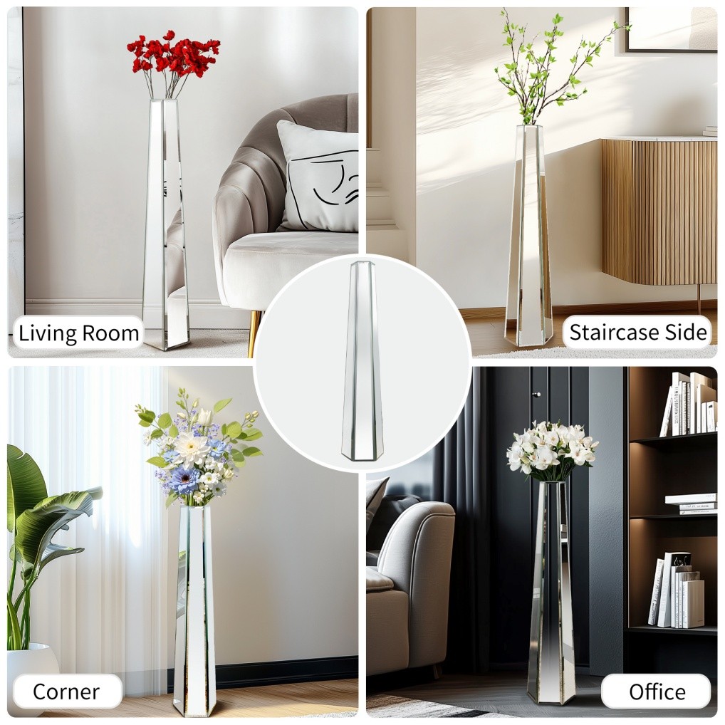 30″ Tall Mirrored Floor Vase Silver Big Vases Home Decorative for Dried Flower