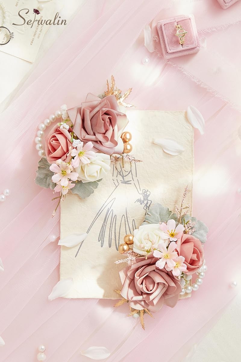 2 PCS Wrist Corsage 6-7 Inch Dusty Pink Artificial Flowers Fits Wedding