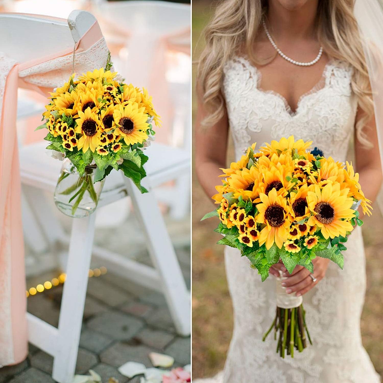Artificial Sunflower Bouquet, 2 Bunches Silk Sunflowers Fake Yellow Flowers f…