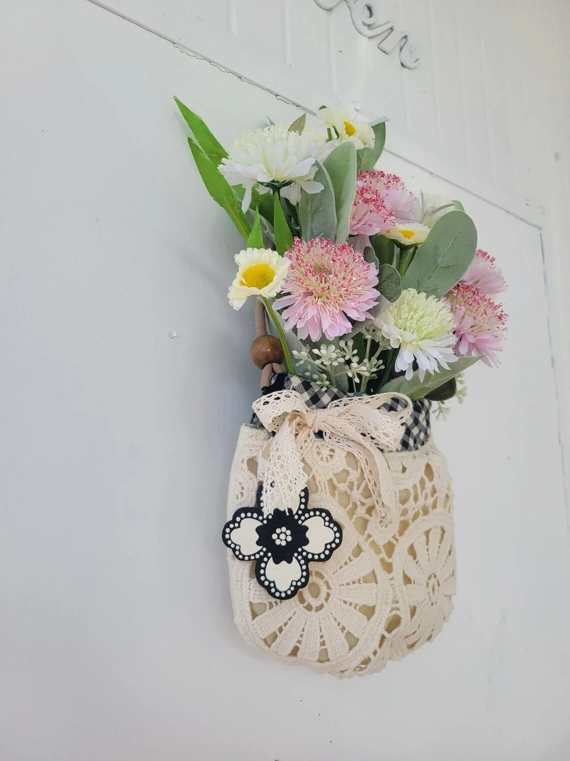 Upcycled Lace Purse, Boho Cottage Core Country Door Wall Floral Decor for Summer