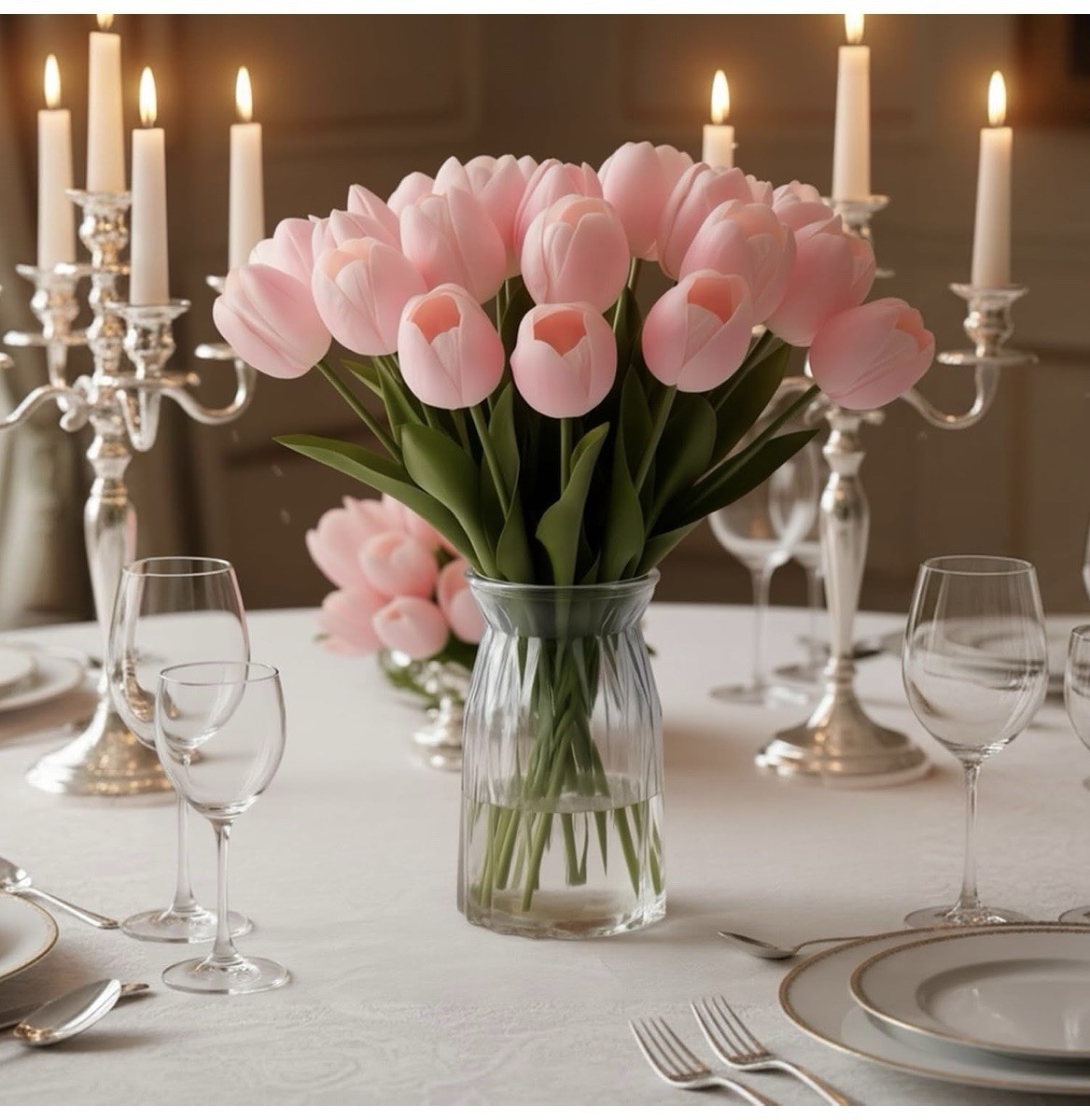 16in Artificial Pink Tulip Flower Bouquet Bunch w/ Wire Stems Fabric Plastic