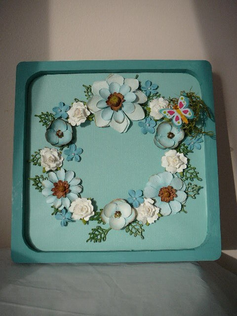 Turquoise Wood Framed Floral Flower Wreath with Butterfly Approx 8.75″ Square