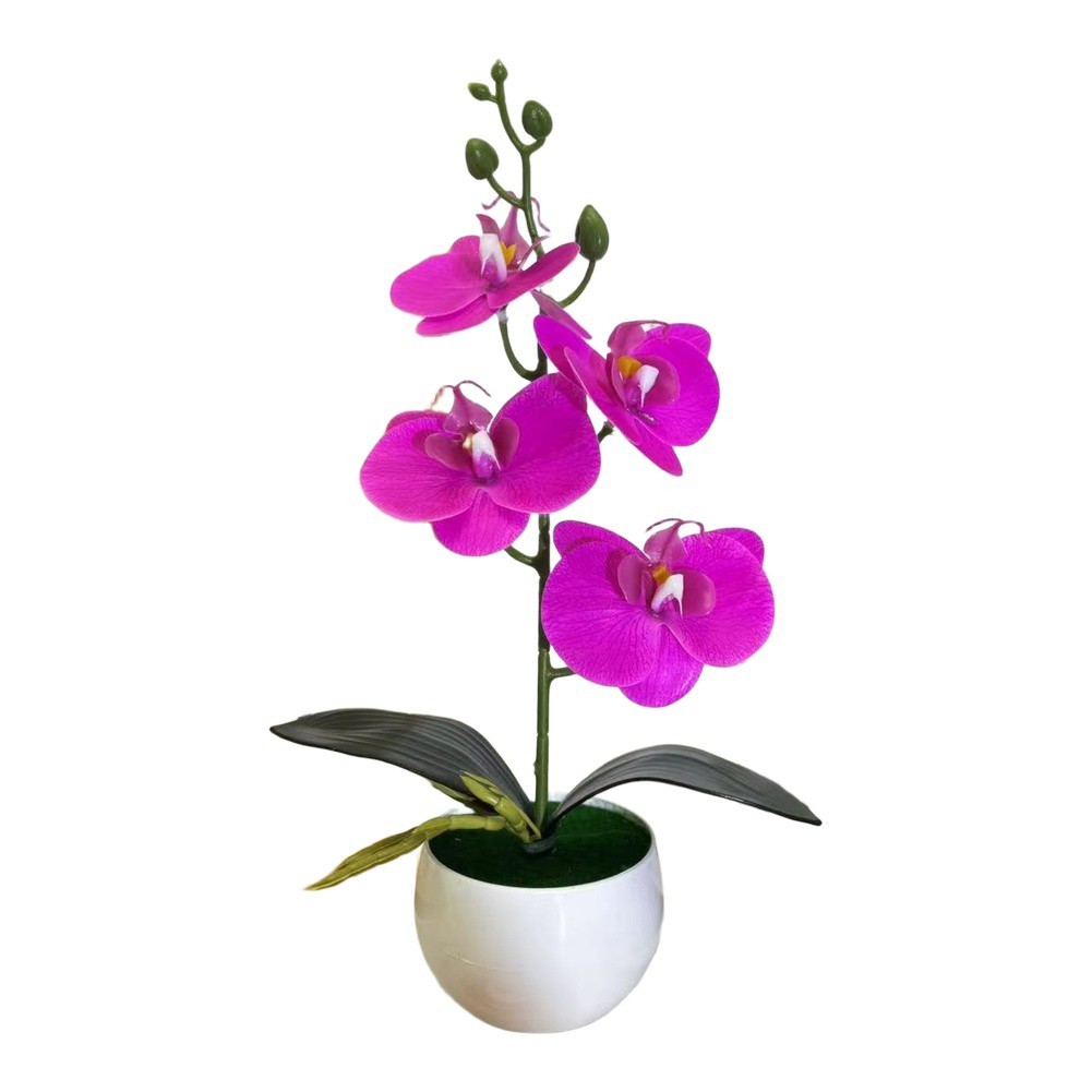 Small Round Belly Pot Faux Butterfly Orchid Four Flower Silk Plant for Entryway