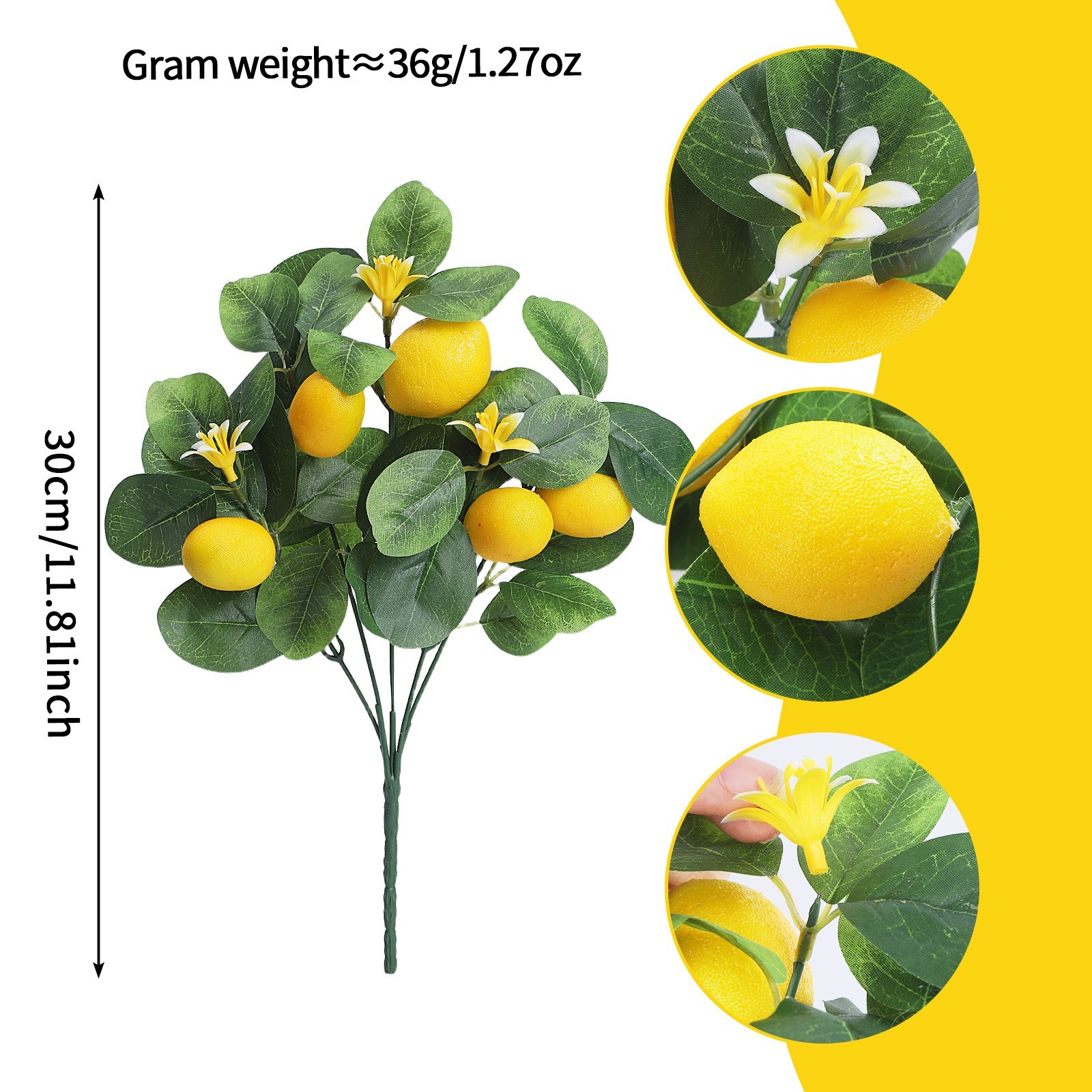 36g Lightweight Lemon Branch Decor 11.8 Inches with 5 Realistic Yellow Lemons