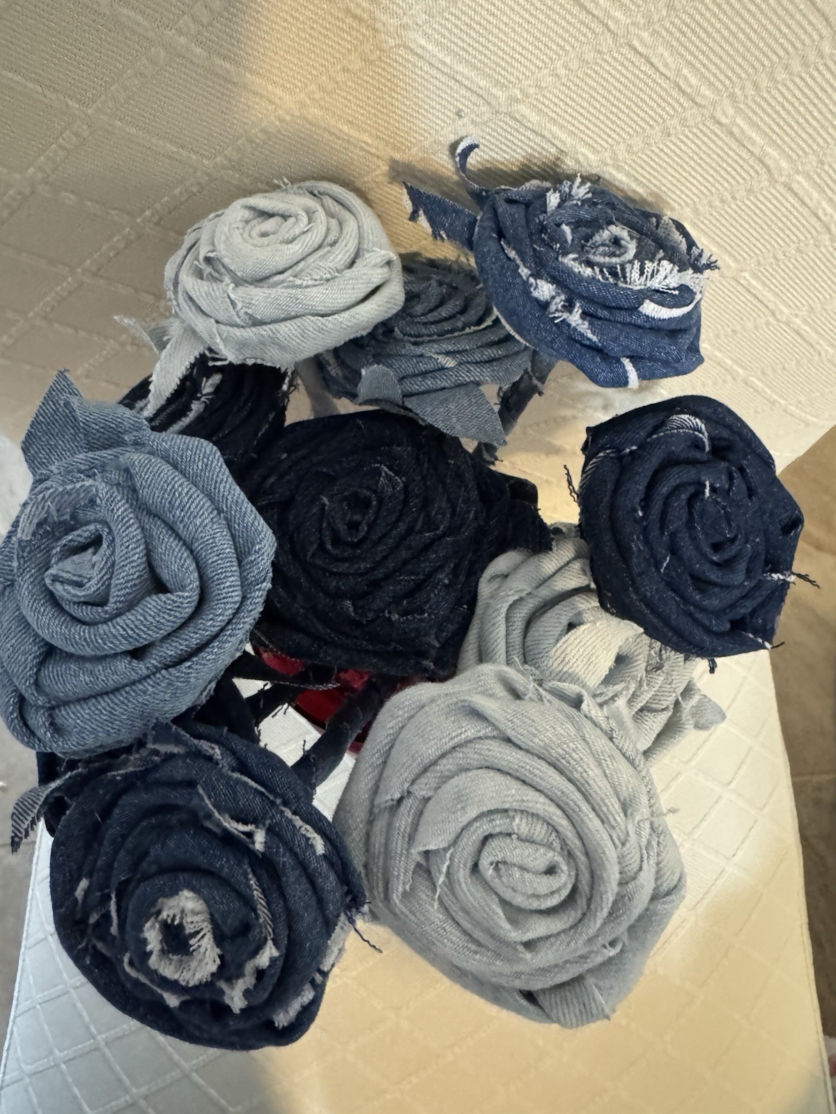 12 (a Dozen) Handmade Denim Roses, Upcycled Vase, Birthday, Mother’s Day, Easter