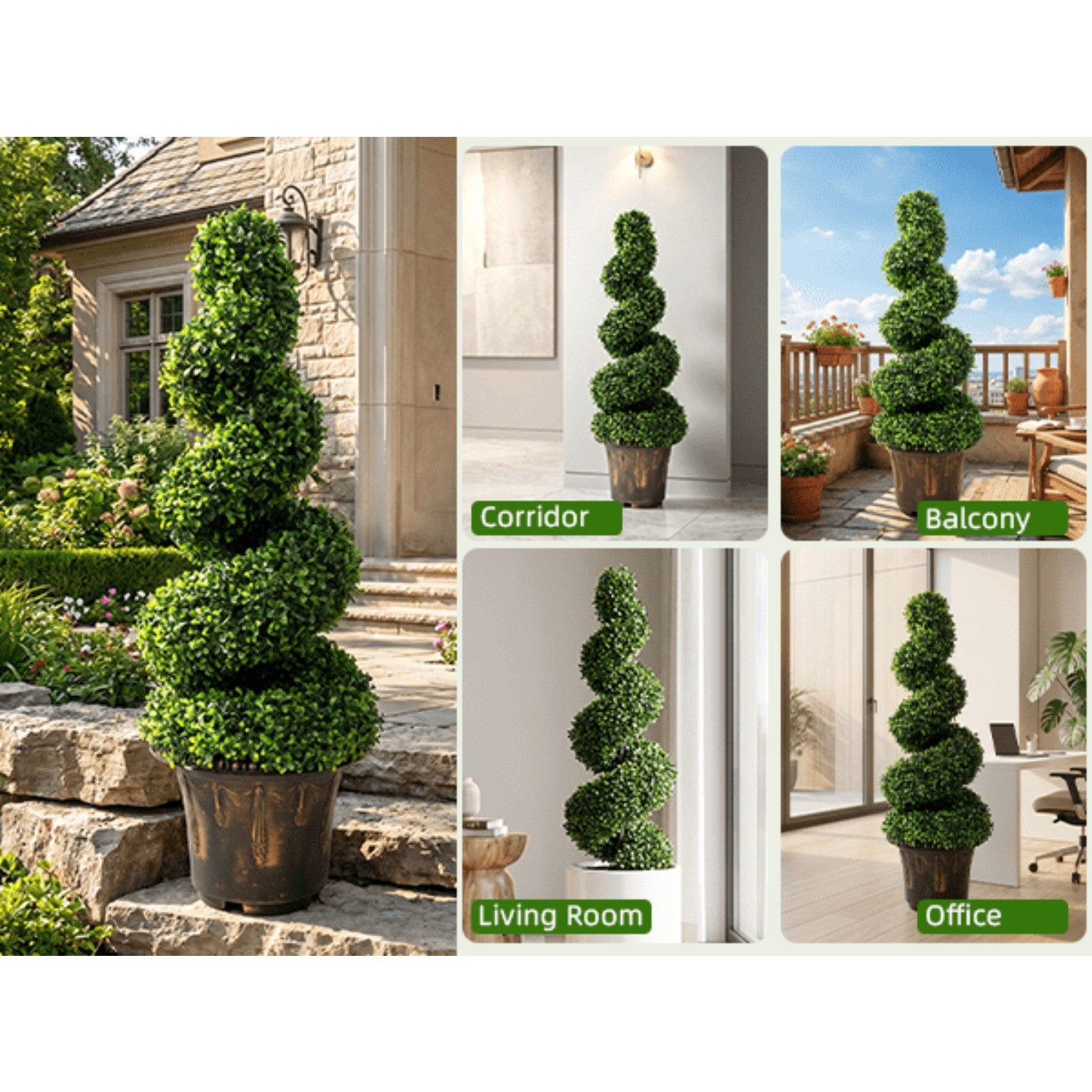 35in Artificial Boxwood Spiral Tree Green Topiary Plant for Indoor/Outdoor Decor